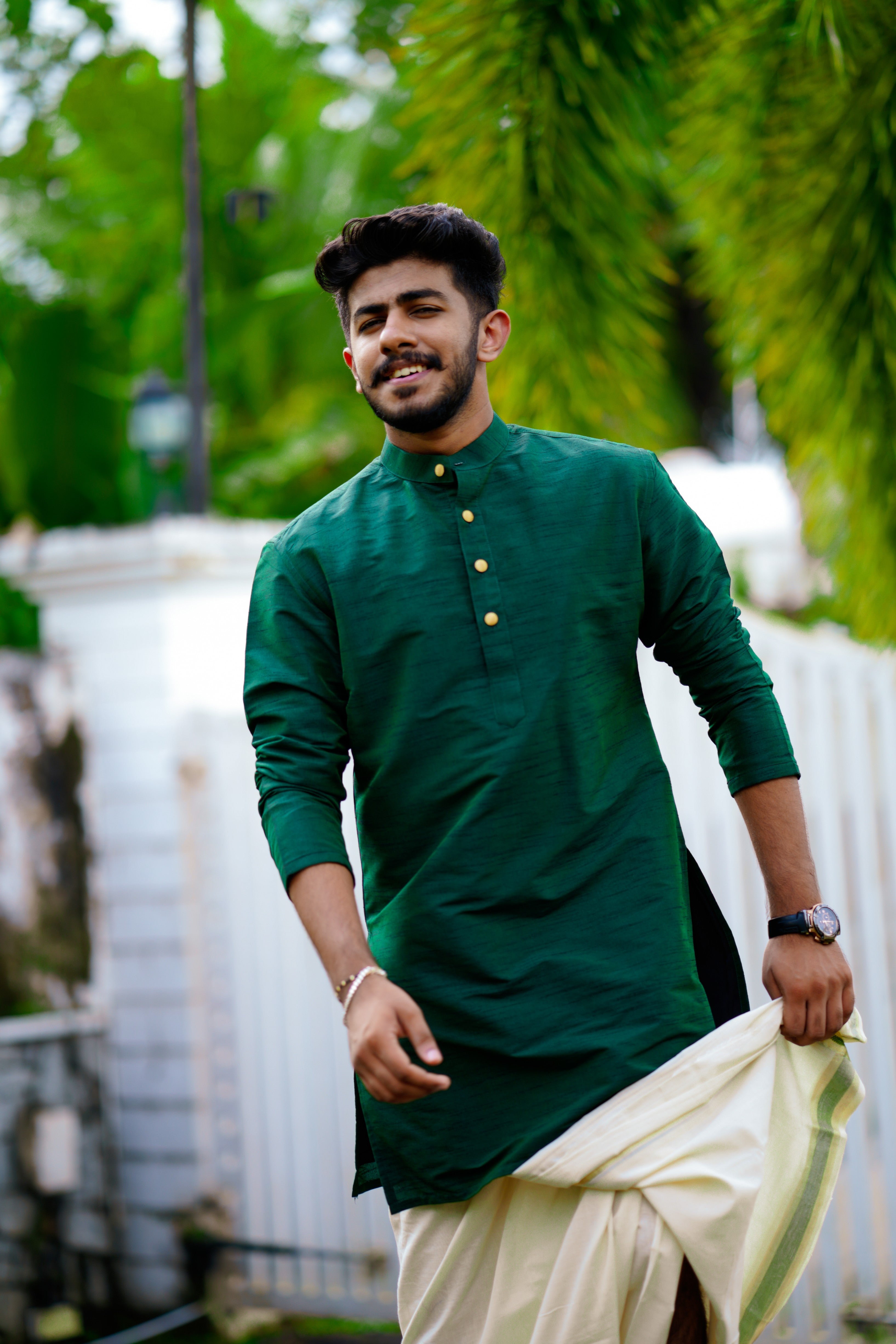 Pine Green Kurta Set with  Golden Button Detailing (Kurta + Kasavu Munde)