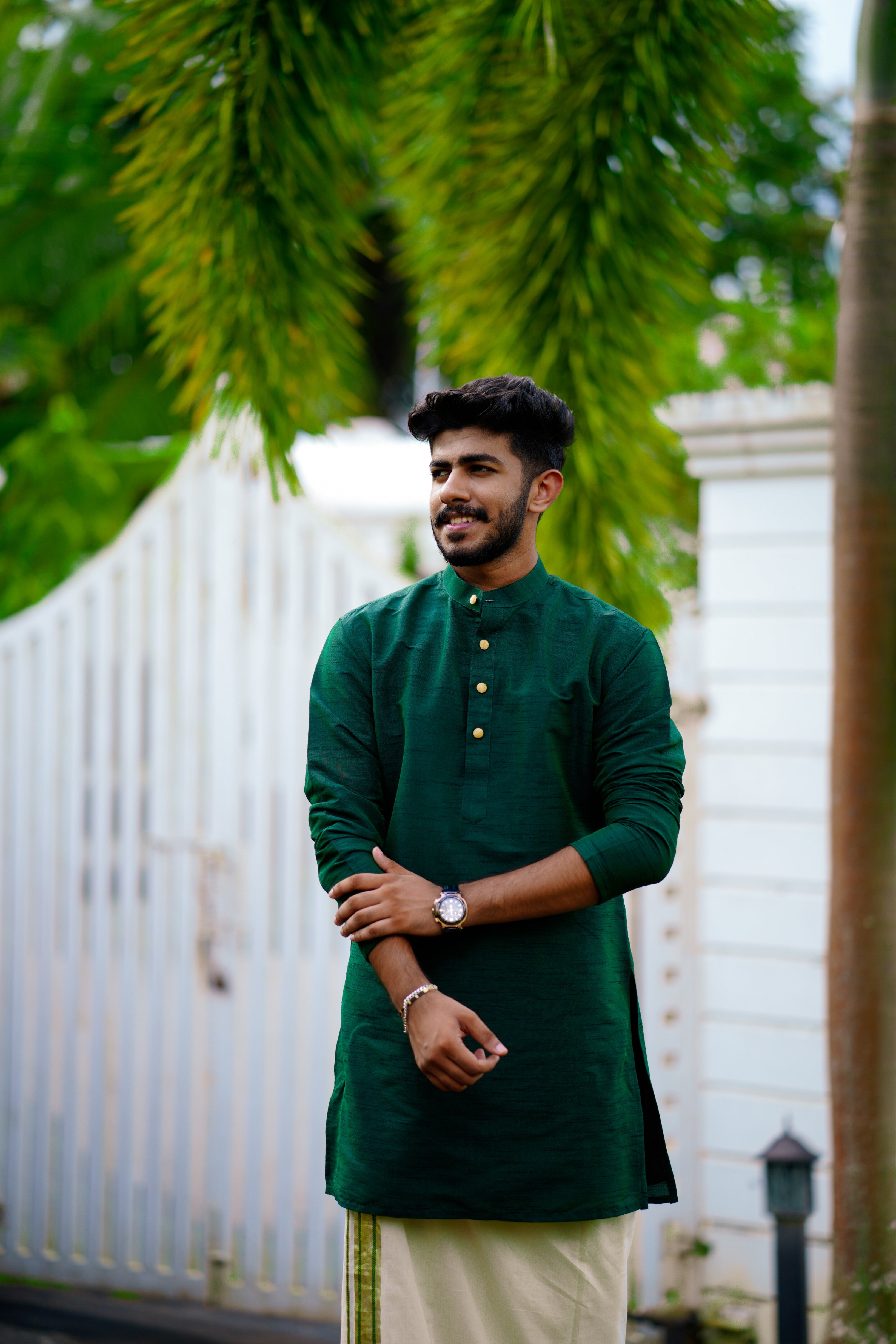Pine Green Kurta Set with  Golden Button Detailing (Kurta + Kasavu Munde)