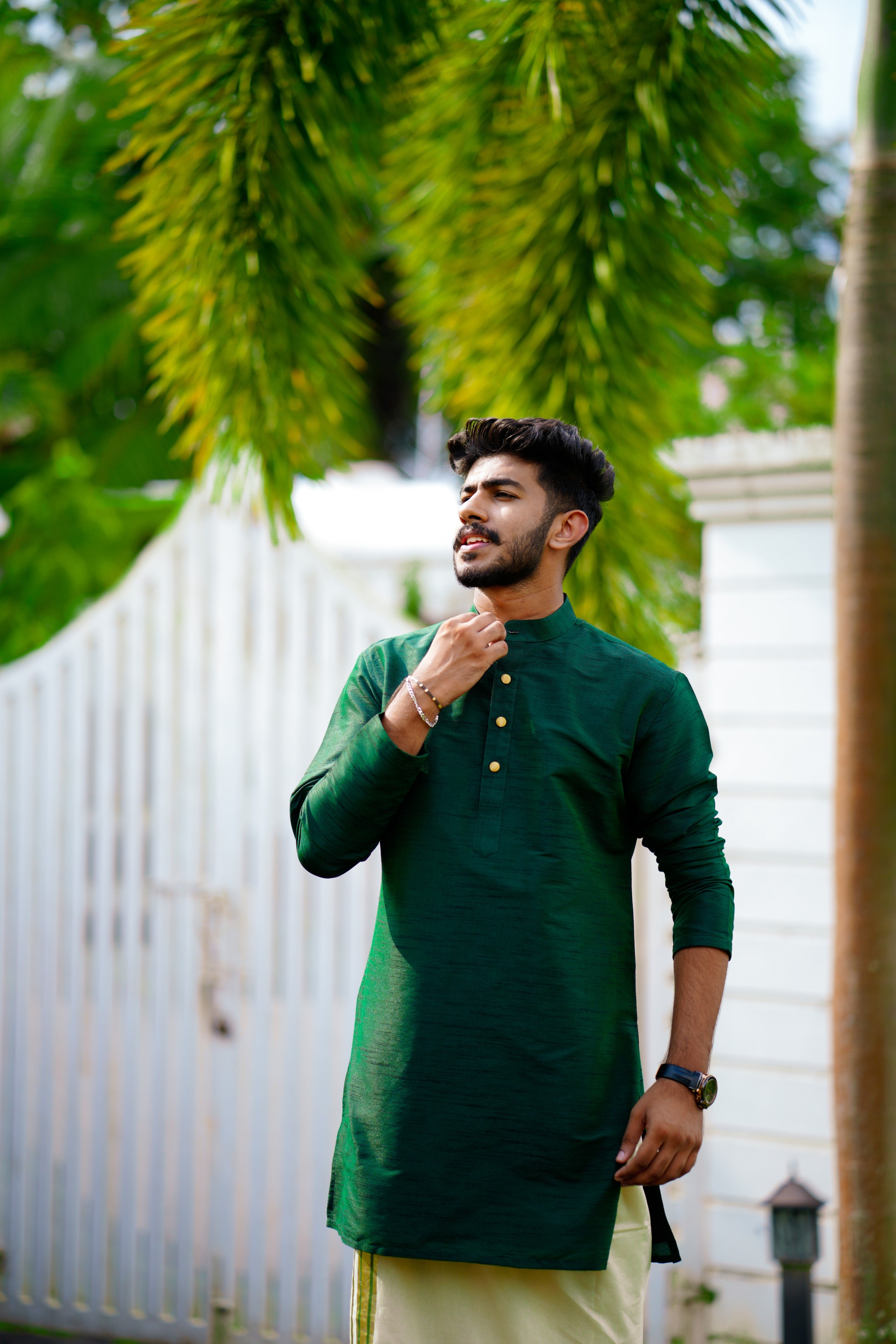 Pine Green Kurta Set with  Golden Button Detailing (Kurta + Kasavu Munde)