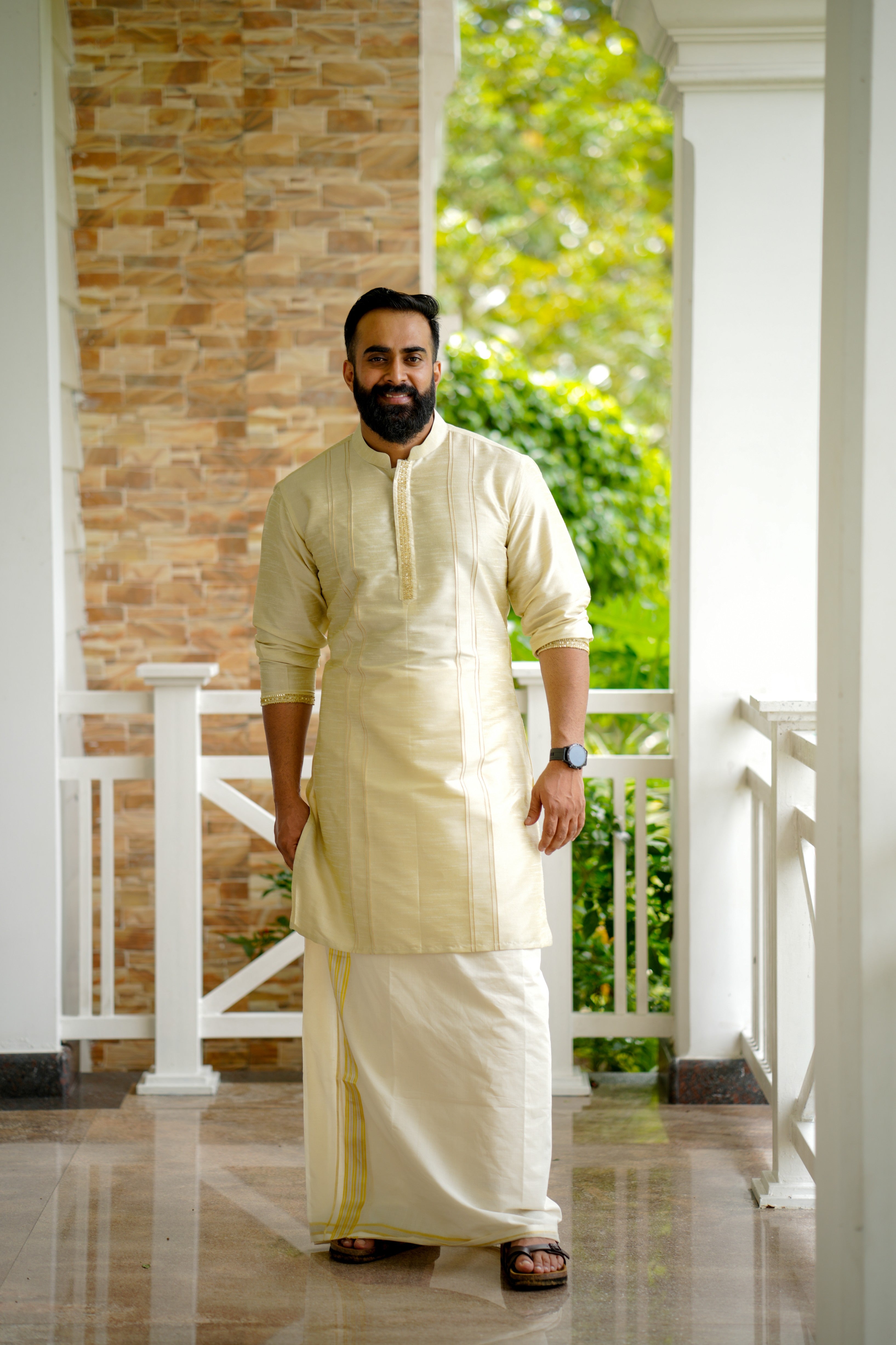 Parchment Cream Wedding Kurta with Sequence & Zari Thread Golden Detailing (Only Kurta)
