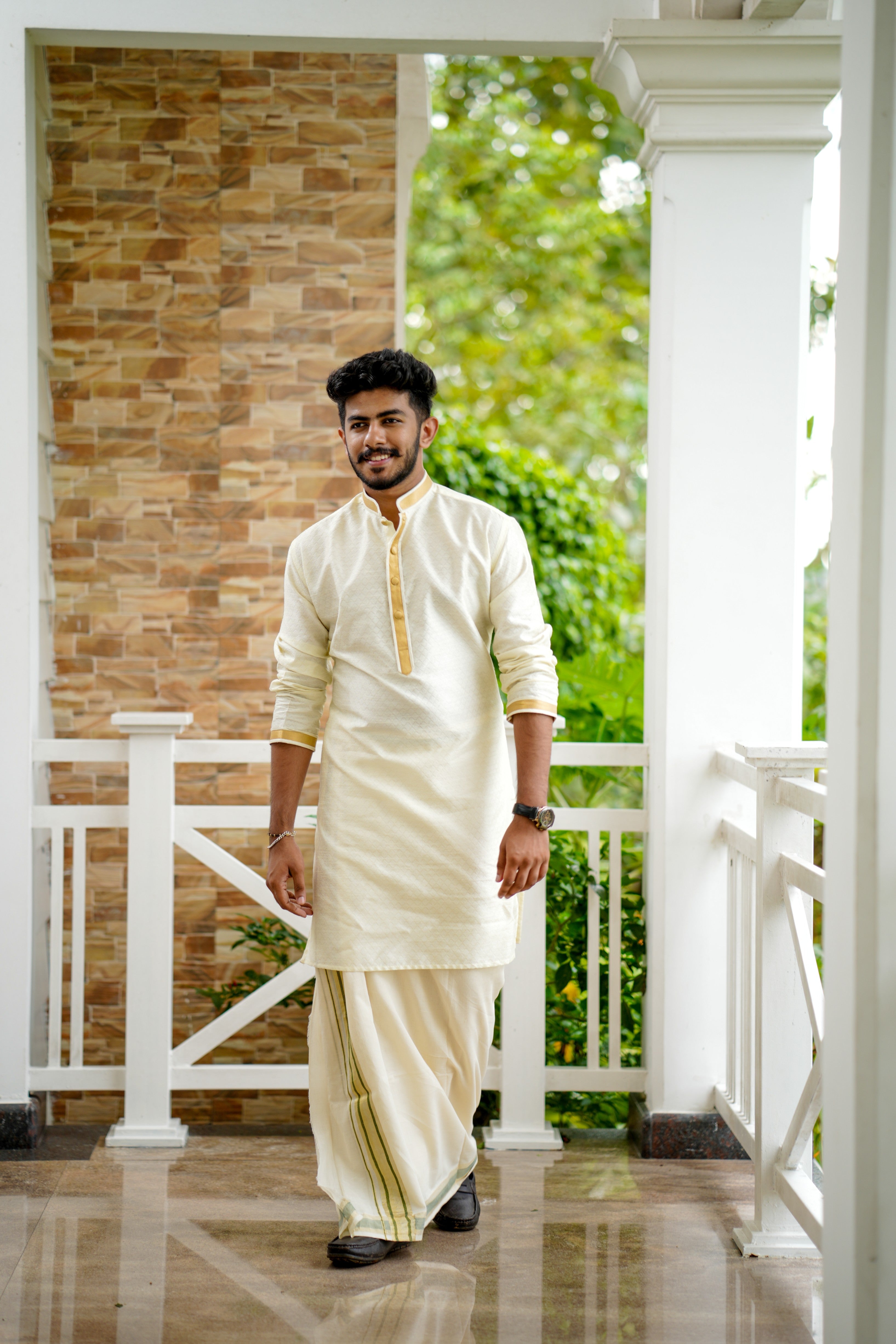 Off White Silk Brocade Kurta With Golden Zari Detailing on Neck, Placket & Sleeves  (Only Kurta)