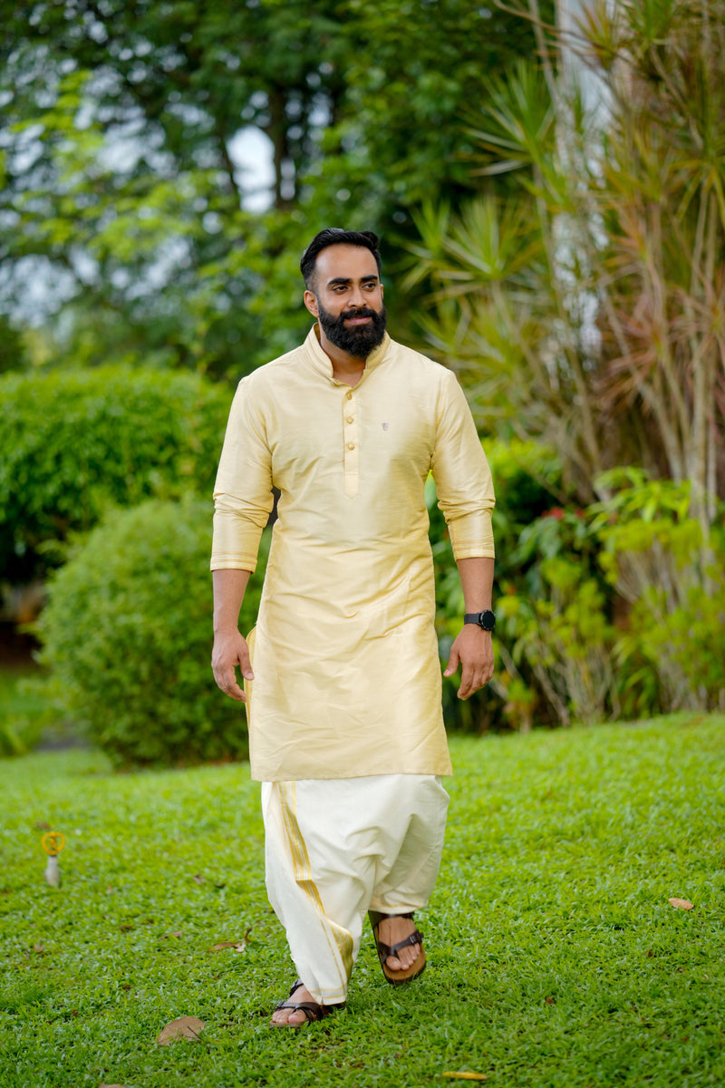 Light Golden Kurta with  Golden Detailing on Neck & Sleeve (Only Kurta)