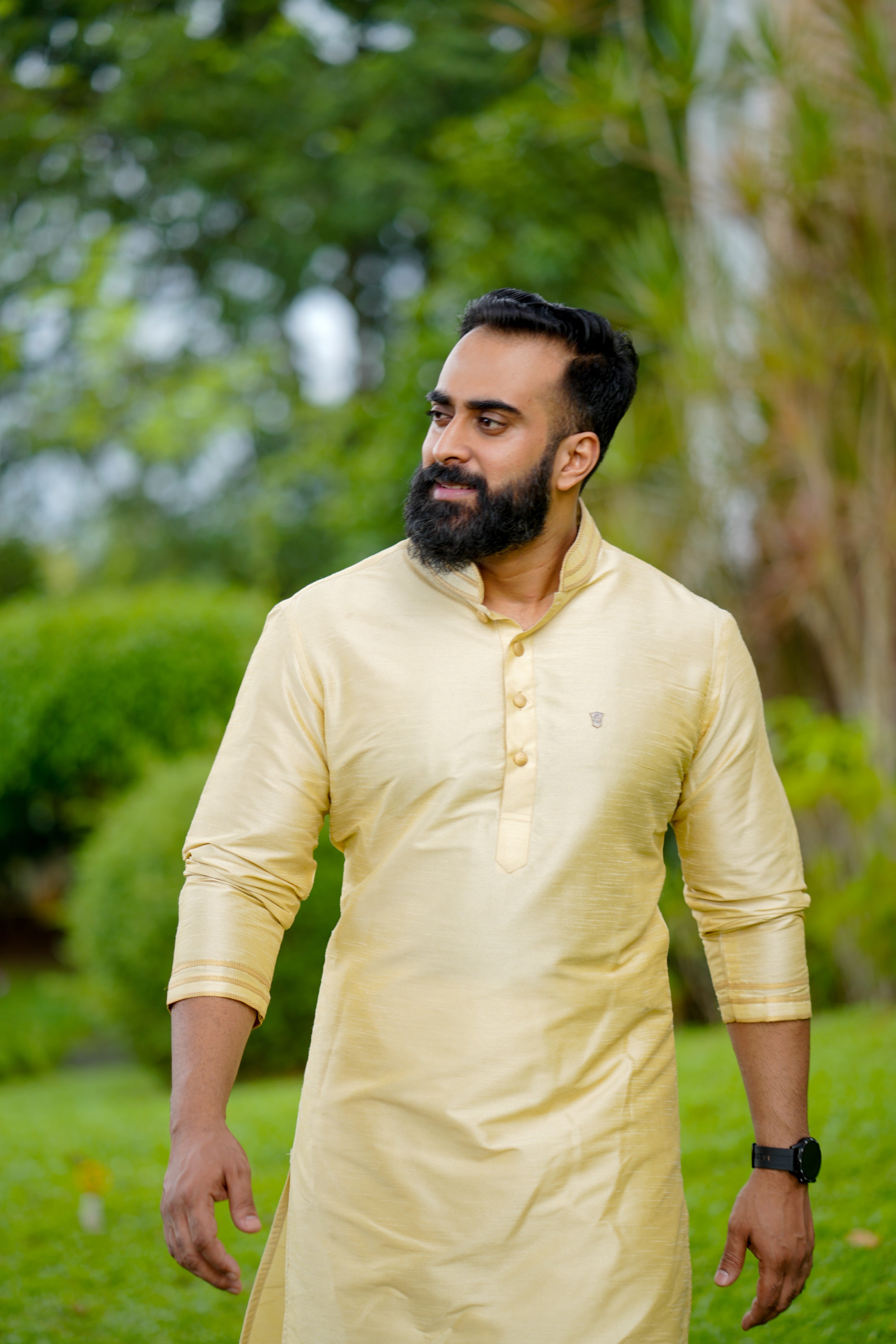 Light Golden Kurta with  Golden Detailing on Neck & Sleeve (Only Kurta)