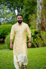 Light Golden Kurta Set with  Golden Detailing on Neck & Sleeve (Kurta + Kasavu Munde)