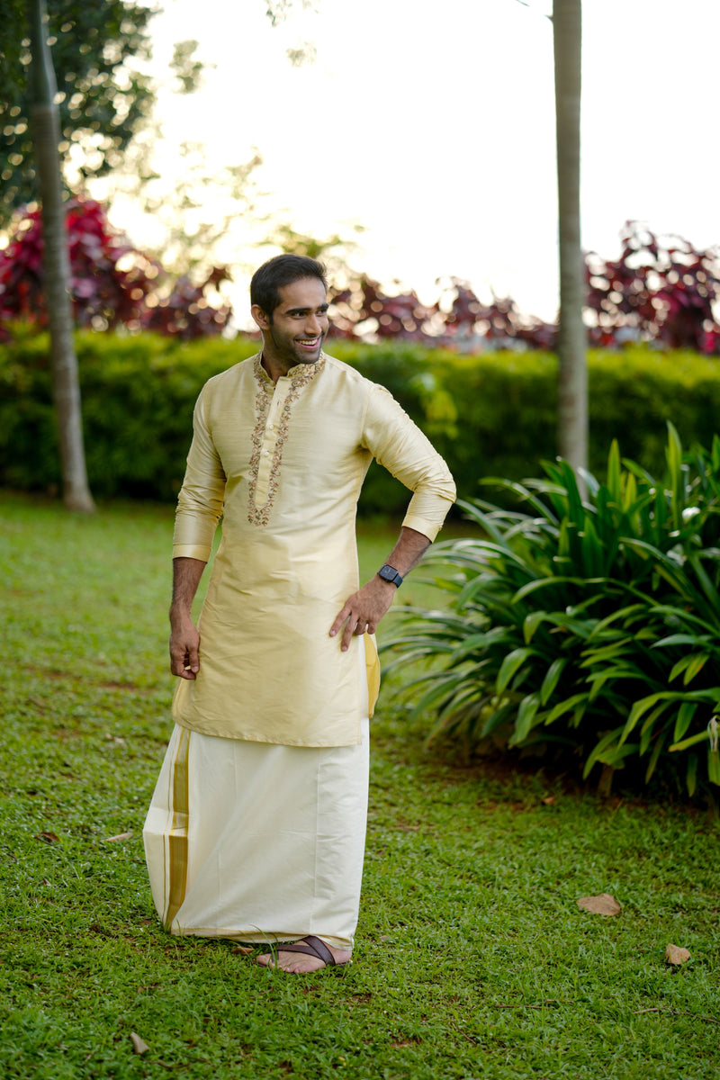 Light Golden Kurta Set with  Hand Work Detailing on Placket & Neck   (Kurta + Kasavu Munde)