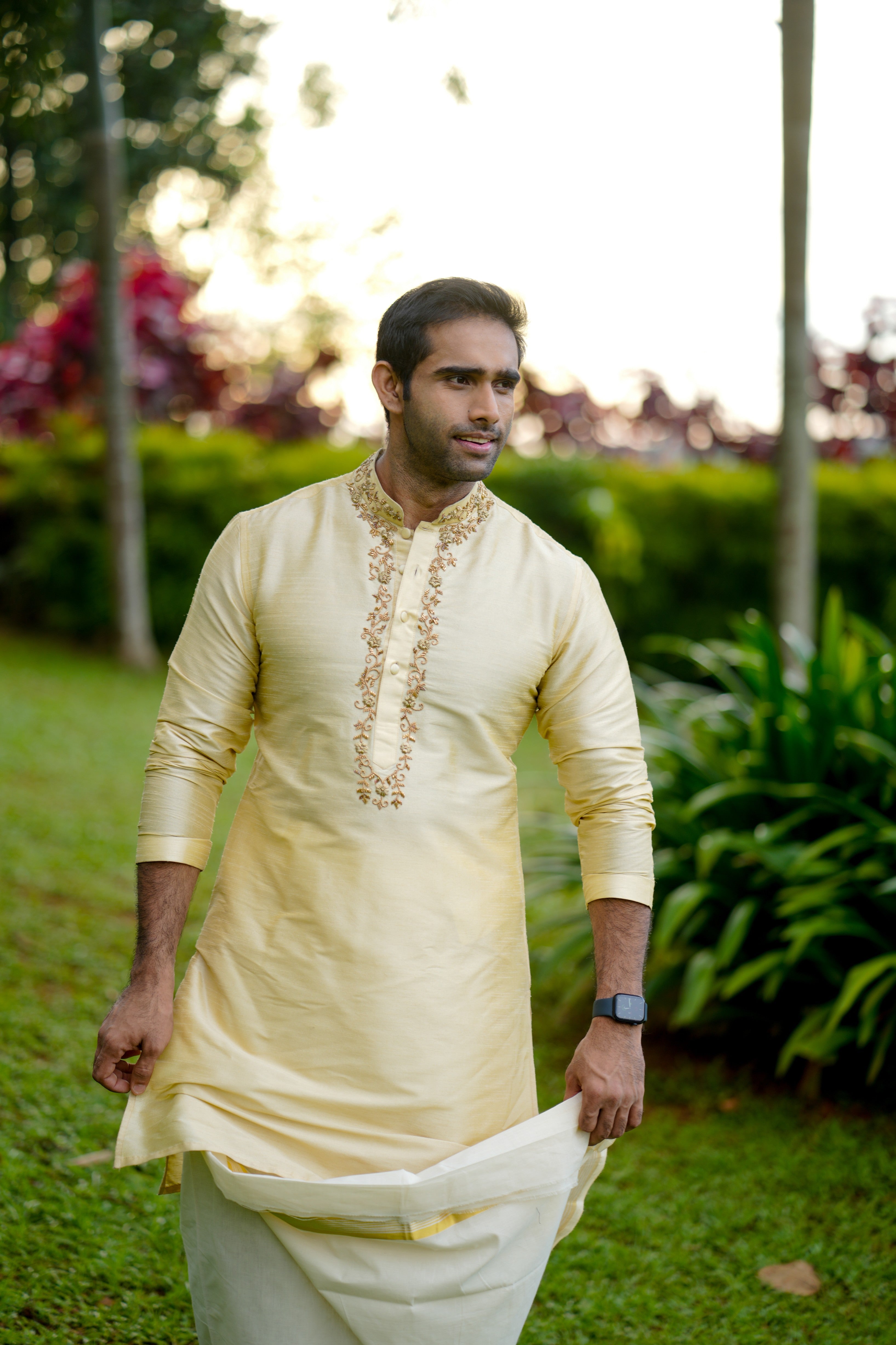 Light Golden Kurta with  Hand Work Detailing on Placket & Neck   (Only Kurta)