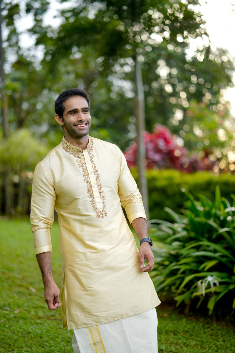 Light Golden Kurta Set with  Hand Work Detailing on Placket & Neck   (Kurta + Kasavu Munde)