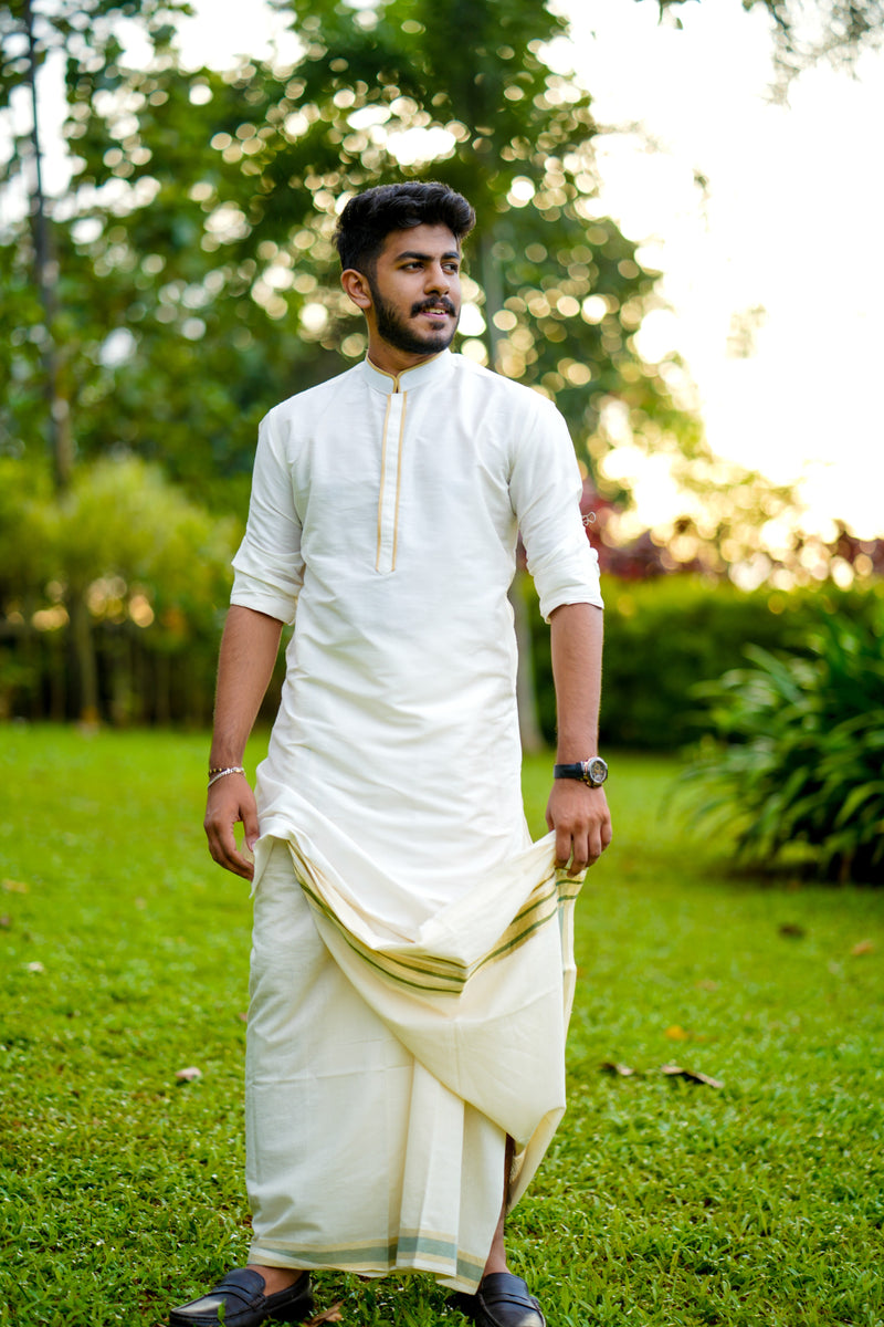 Off White Silk Kurta with Golden Pipping Detailing on Neck & Placket  (Only Kurta)