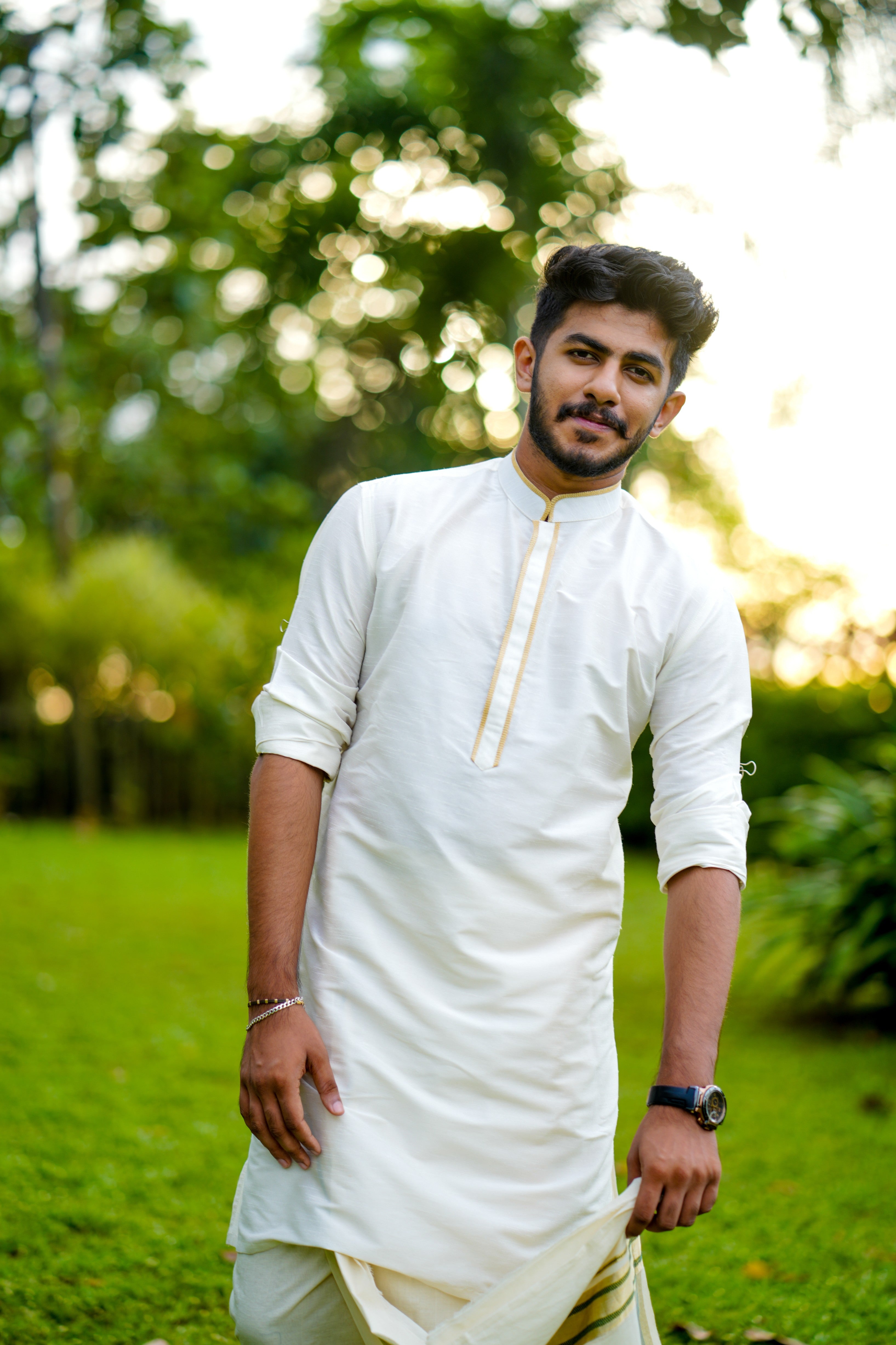 Off White Silk Kurta with Golden Pipping Detailing on Neck & Placket  (Only Kurta)