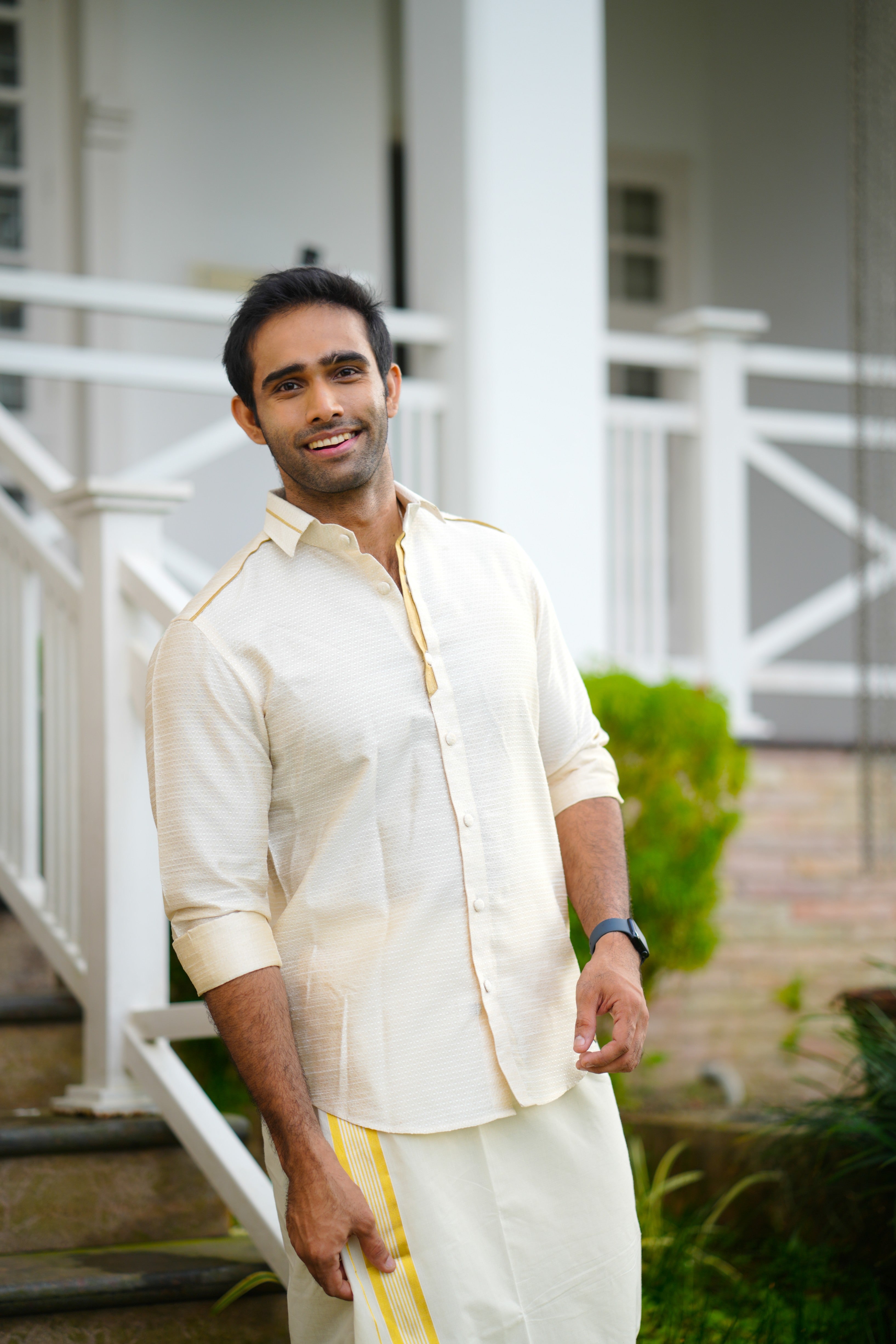 Off White Dotted Silk Cutaway Collar Shirt with Gold Zari Detailing (Shirt Only)
