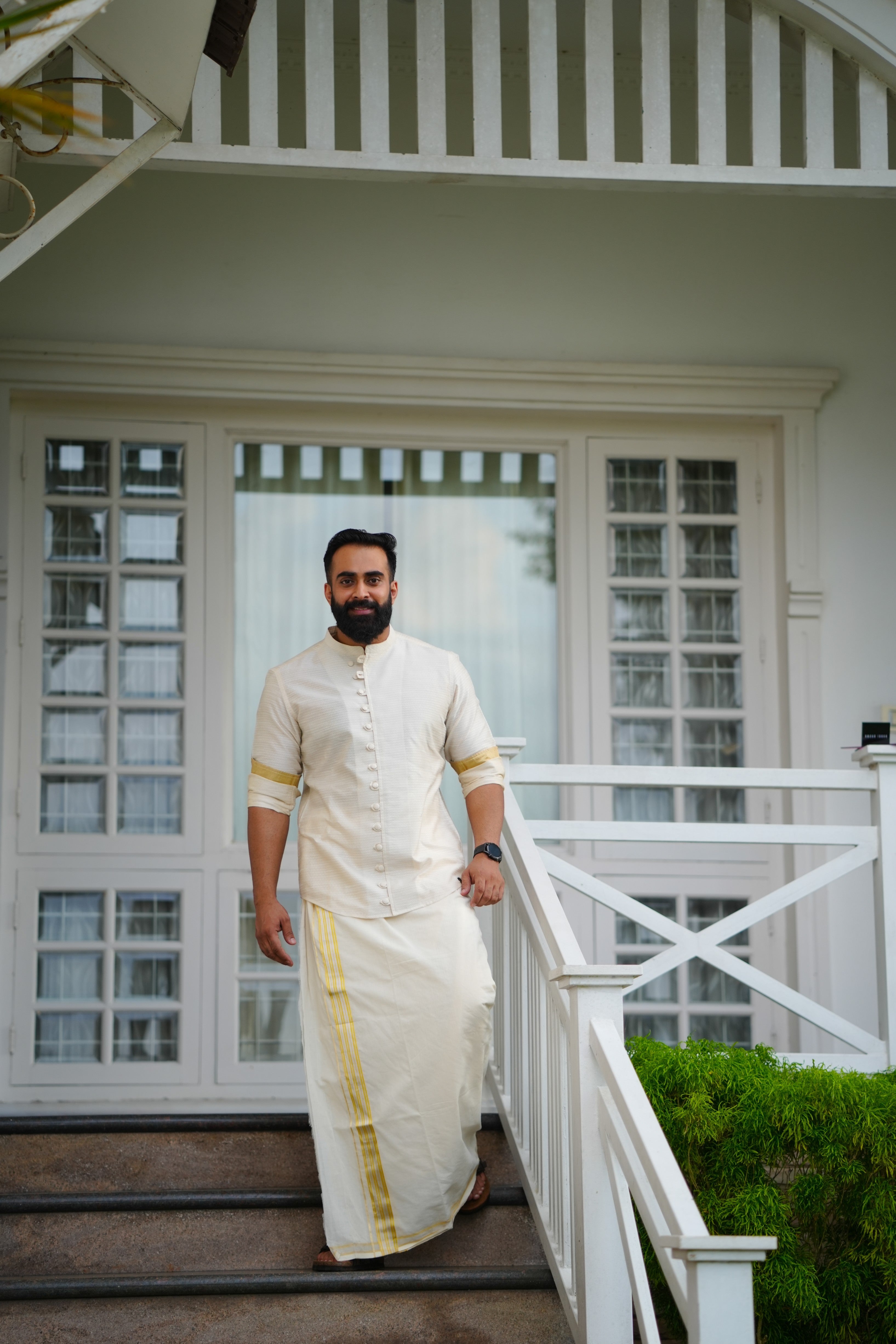 Off White Dotted Silk Chinese Collar Shirt with Gold Zari Detailing (Shirt + Kasavu Munde )