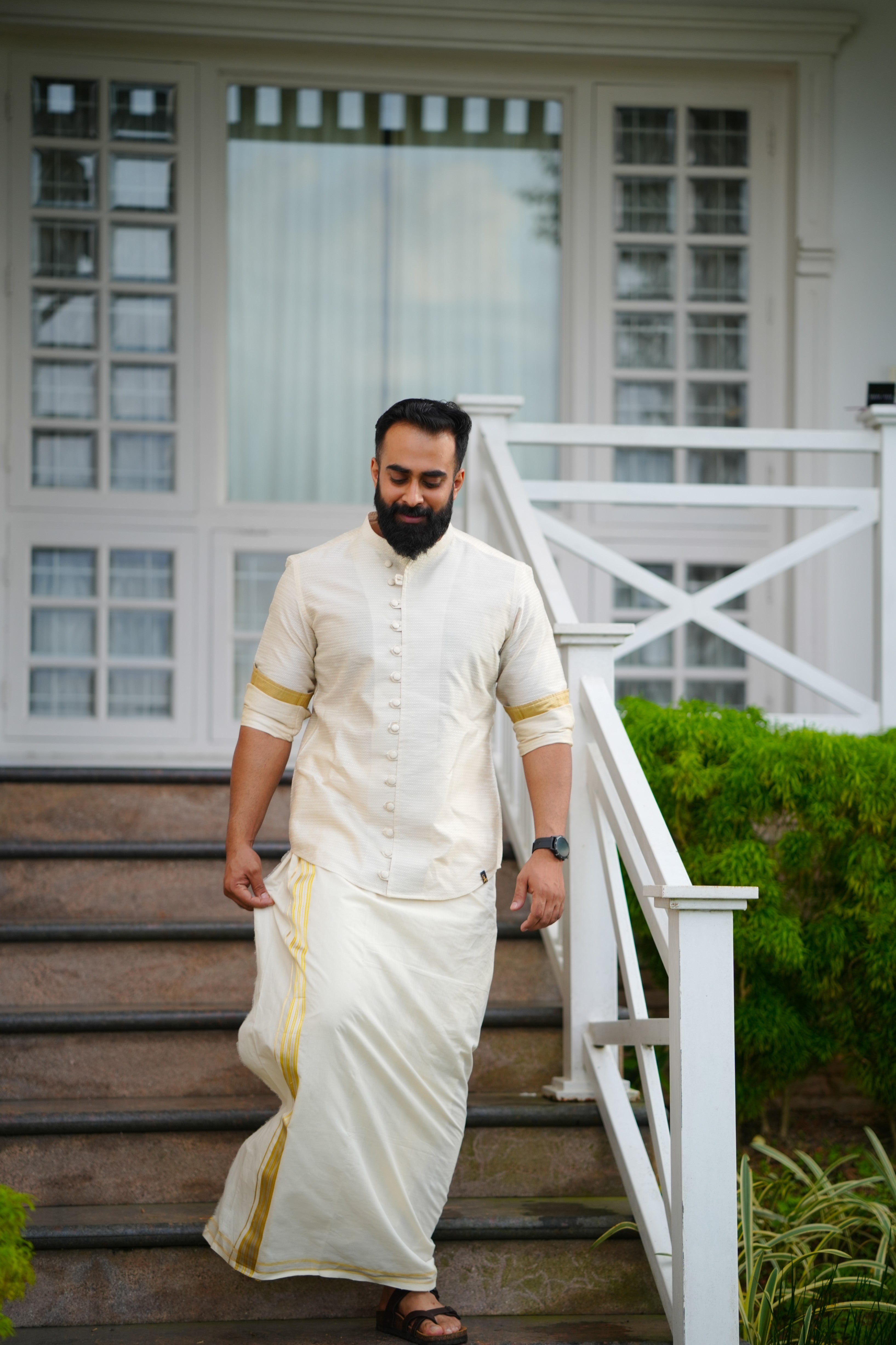 Off White Dotted Silk Chinese Collar Shirt with Gold Zari Detailing (Shirt Only)