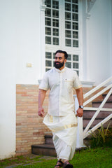 Off White Dotted Silk Chinese Collar Short Sleeve Shirt with Gold Zari Detailing (Shirt + Kasavu Munde )