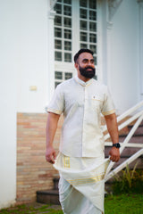 Off White Dotted Silk Chinese Collar Short Sleeve Shirt with Gold Zari Detailing (Shirt + Kasavu Munde )