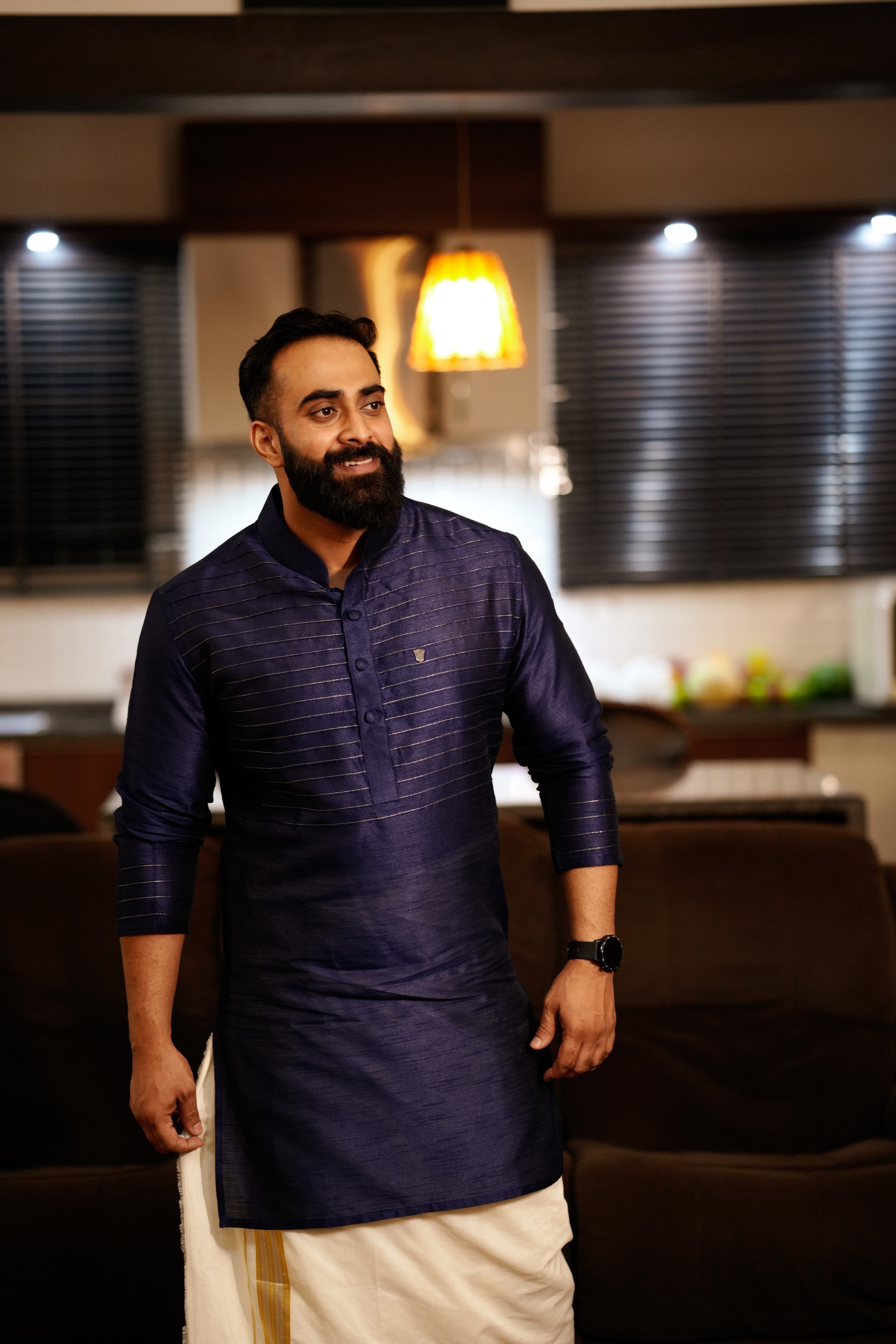 Dark Blue Kurta Set with Horizontal  Golden Zari Tucks   (Kurta + Kasavu Munde)