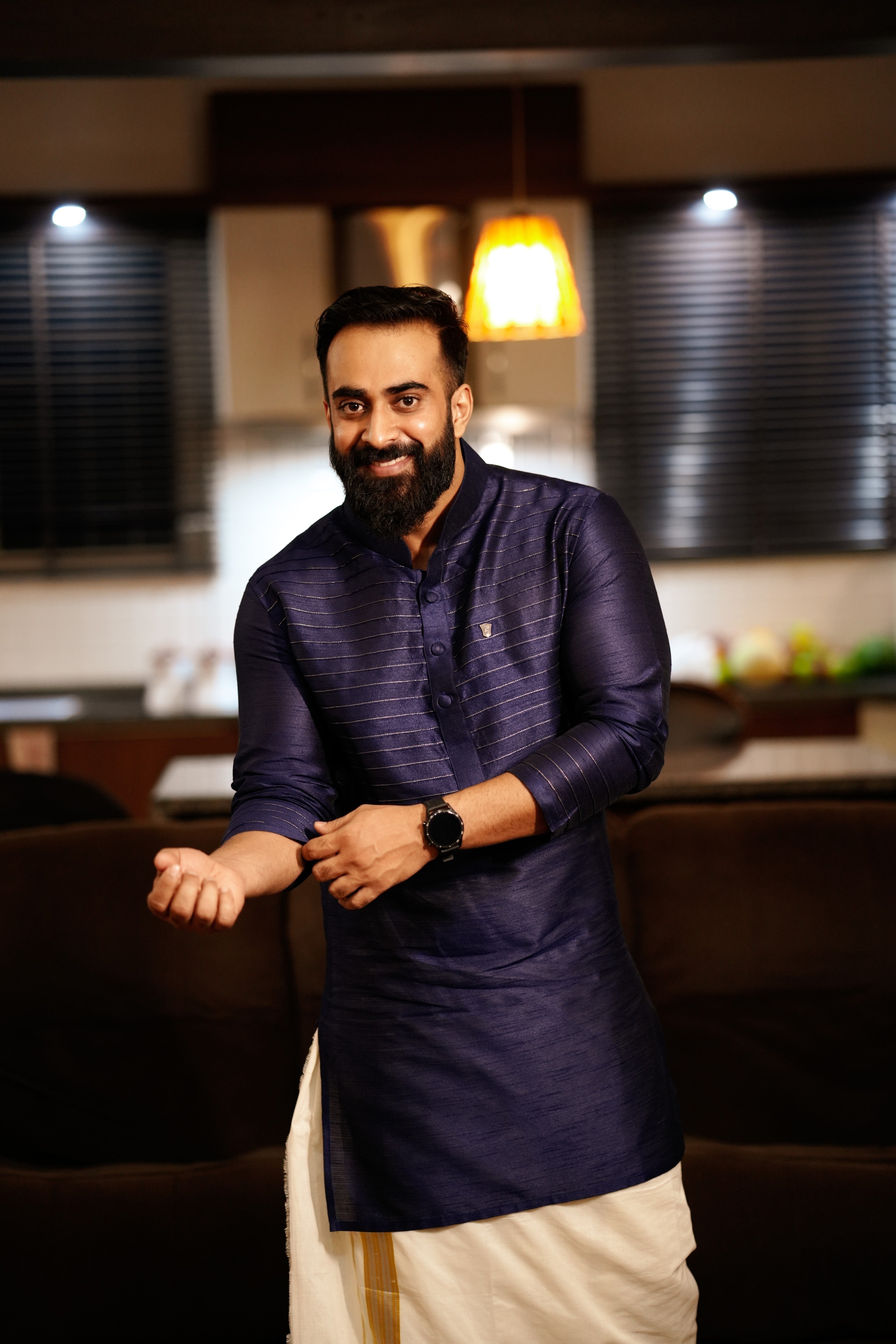 Dark Blue Kurta Set with Horizontal  Golden Zari Tucks   (Kurta + Kasavu Munde)