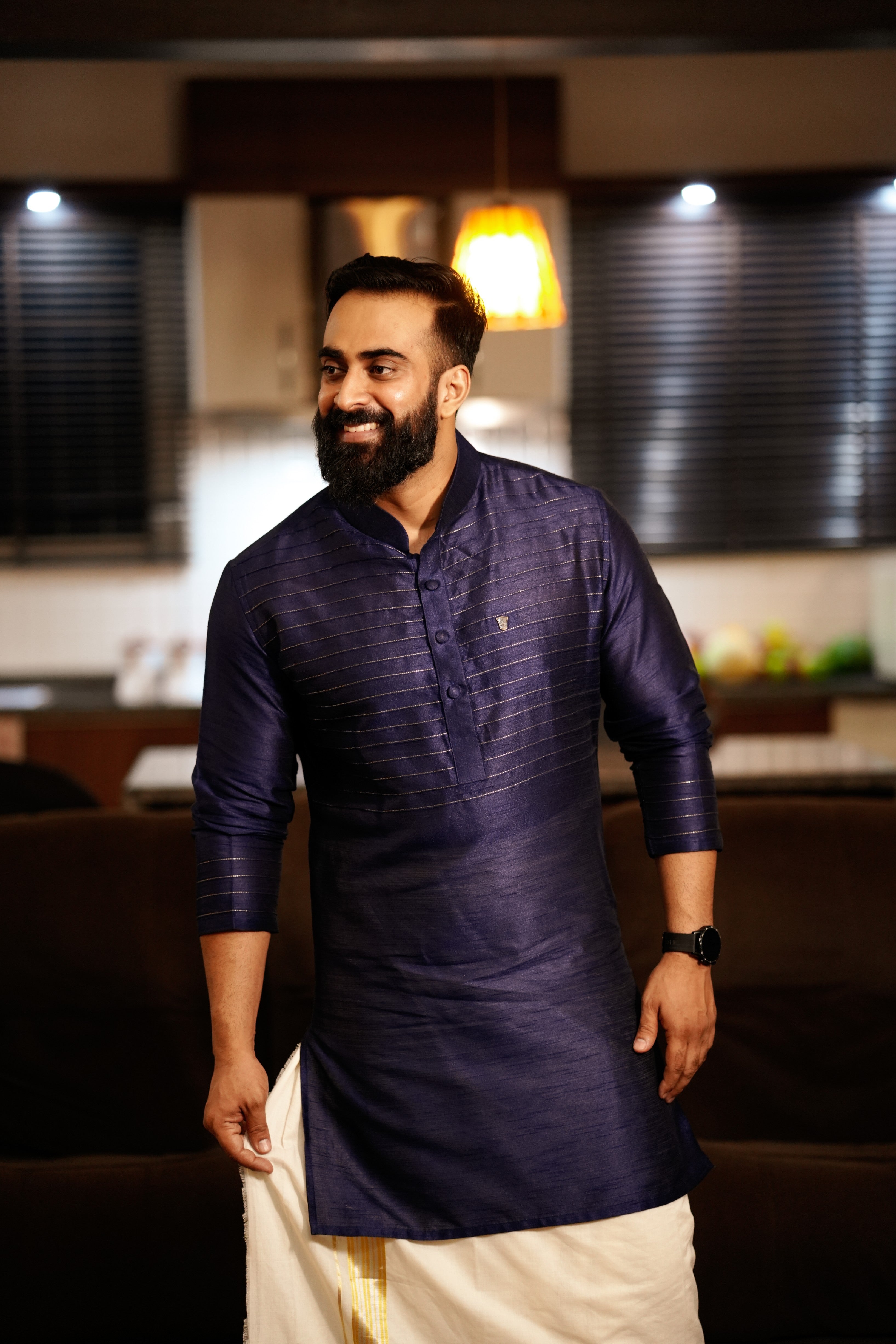 Dark Blue Kurta Set with Horizontal  Golden Zari Tucks   (Kurta + Kasavu Munde)