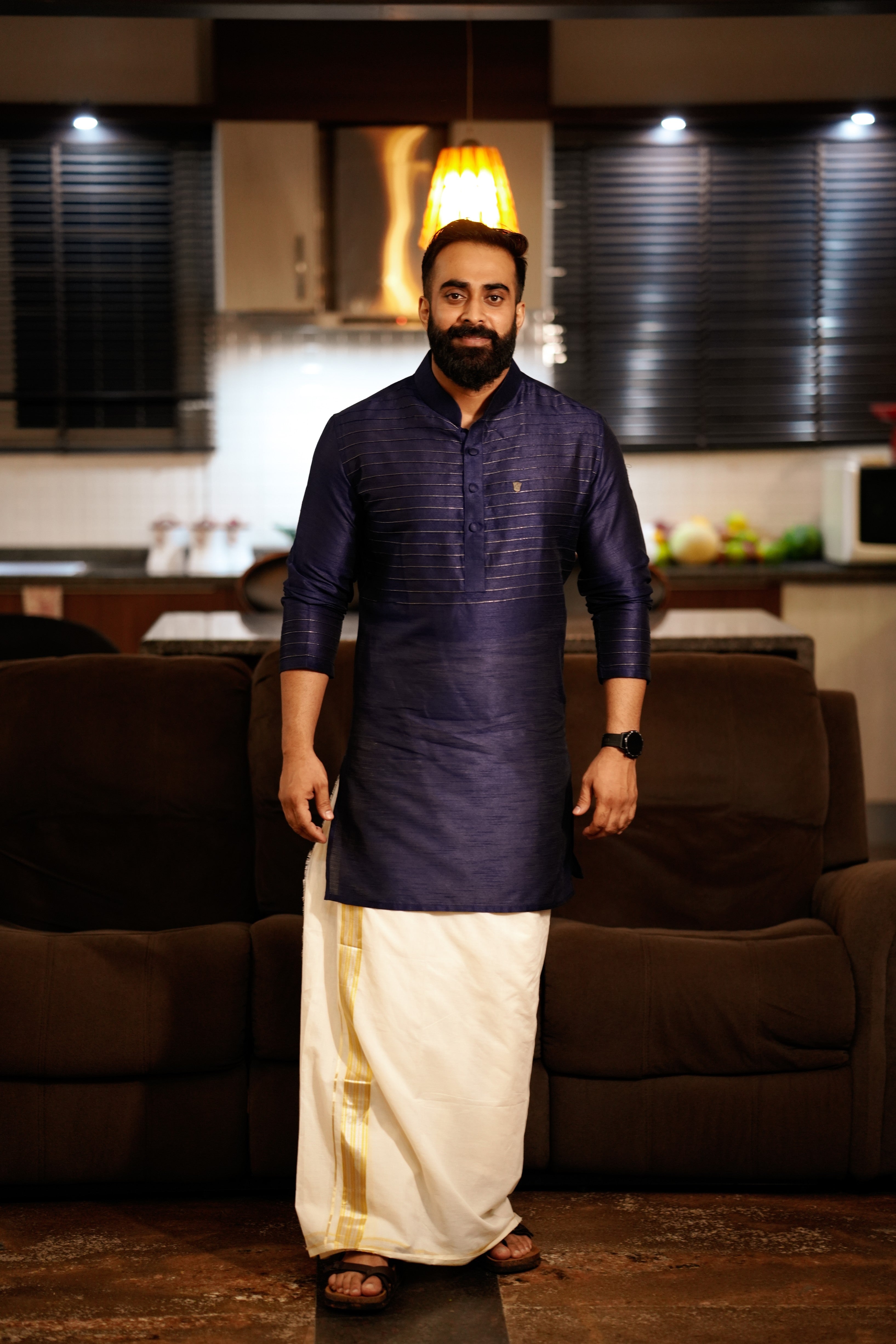 Dark Blue Kurta Set with Horizontal  Golden Zari Tucks   (Kurta + Kasavu Munde)