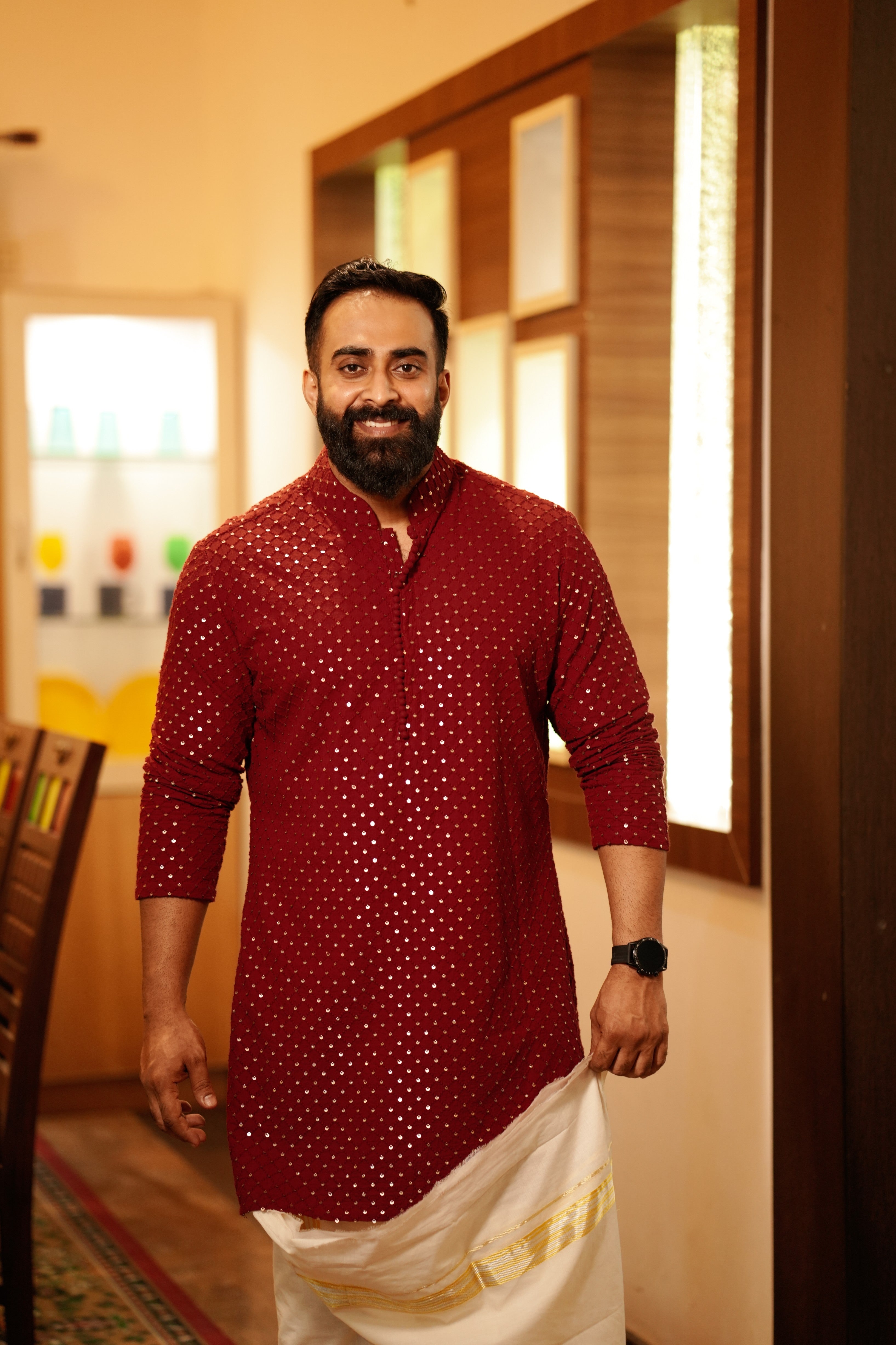 Maroon Red Chikankari Kurta with Golden Sequence Detailing (Only Kurta)