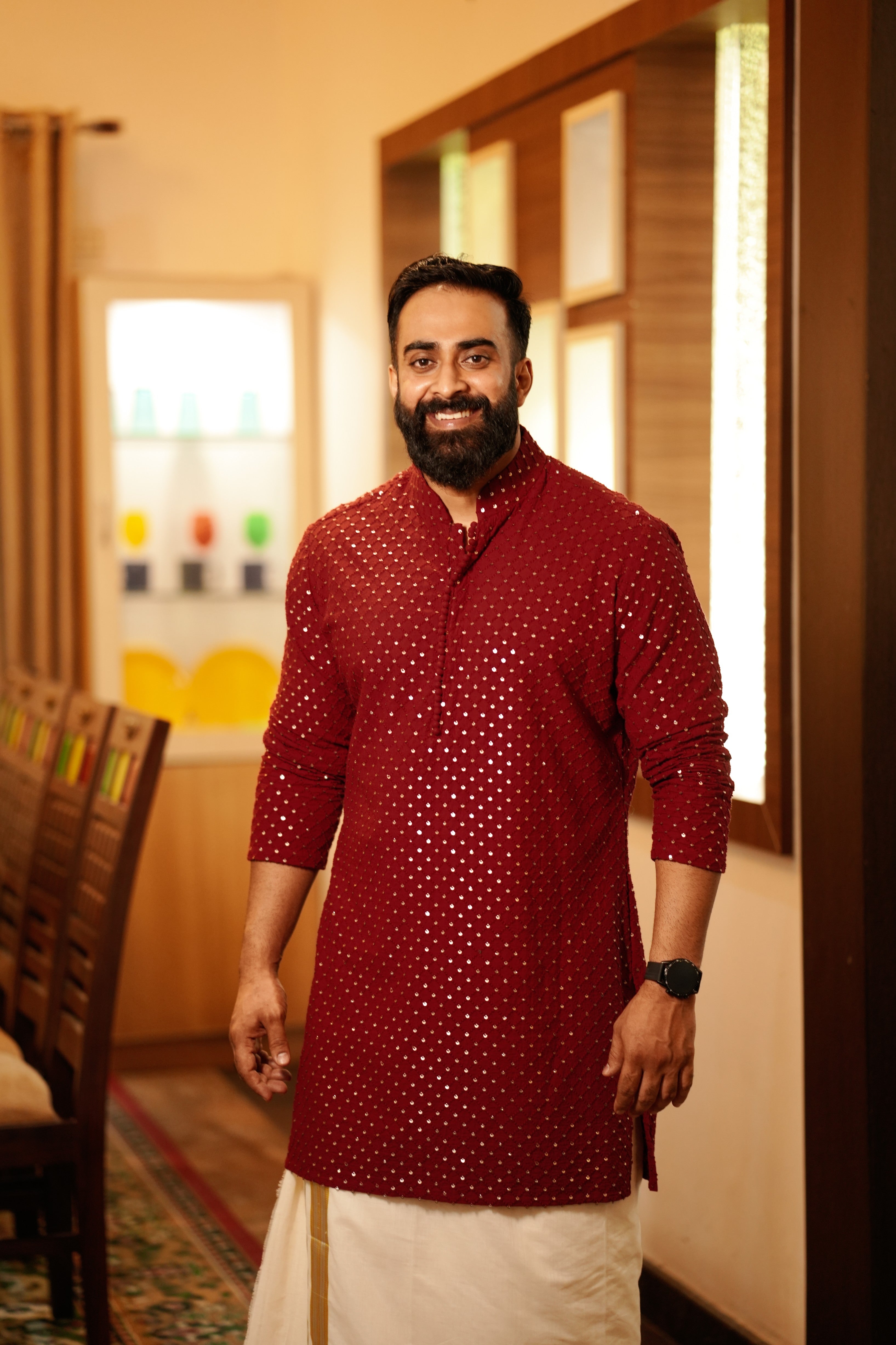 Maroon Red Chikankari Kurta with Golden Sequence Detailing (Only Kurta)