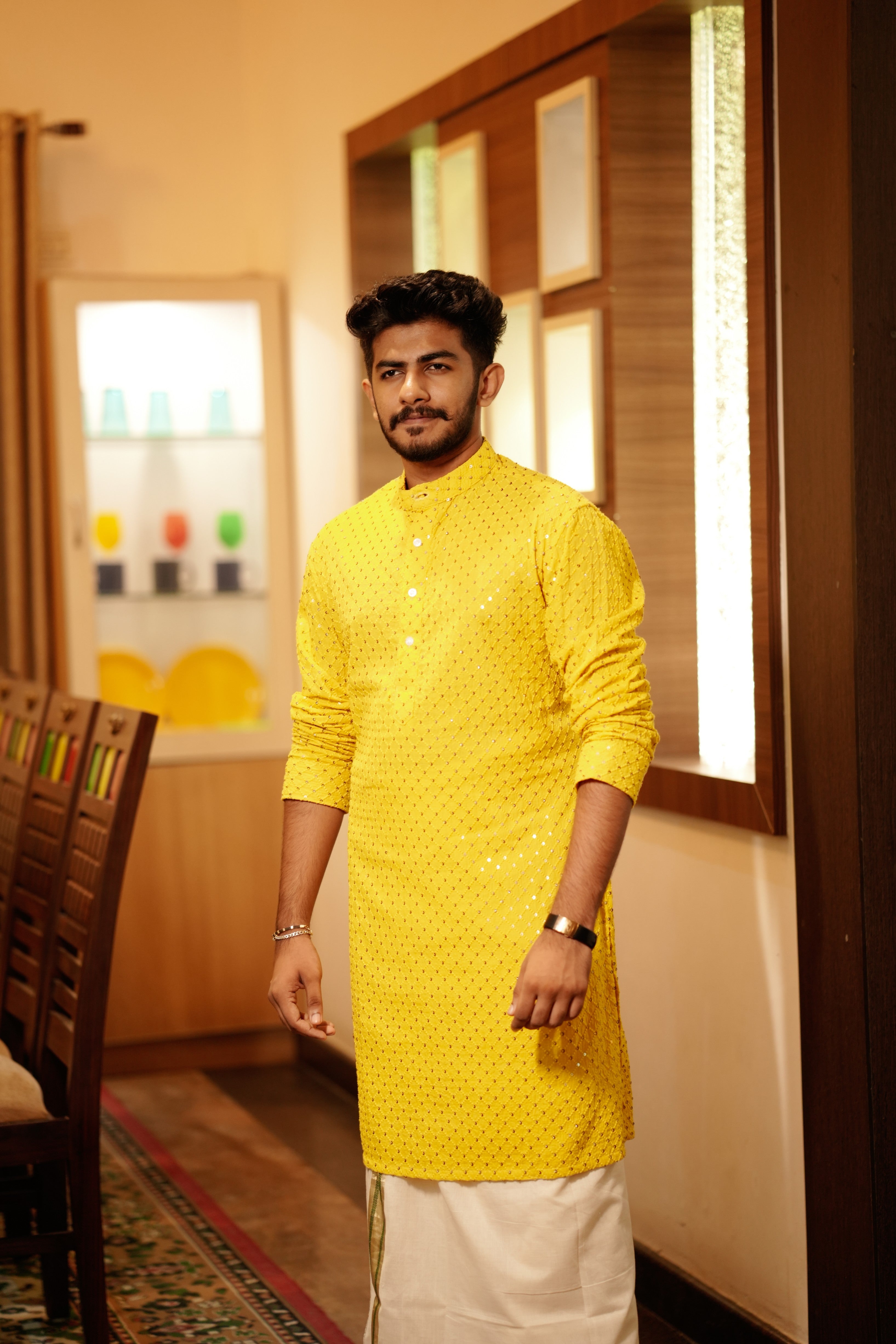 Canary Yellow Chikankari Kurta Set  with Golden Sequence Detailing (Kurta + Kasavu Munde)