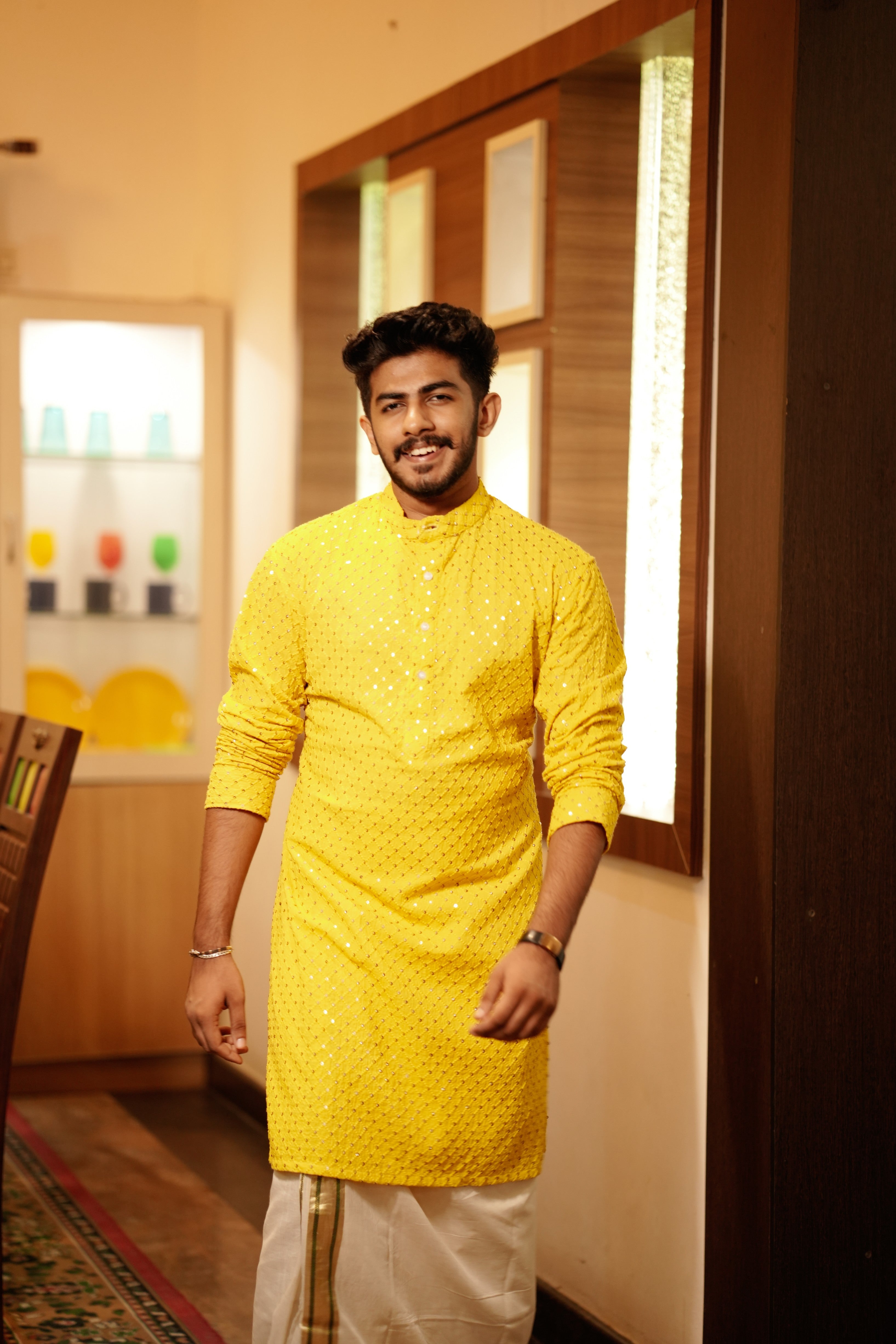 Canary Yellow Chikankari Kurta Set  with Golden Sequence Detailing (Kurta + Kasavu Munde)