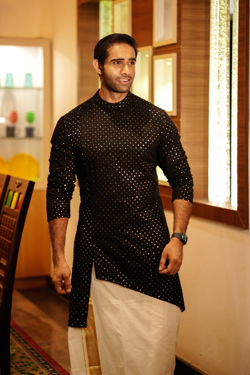 Jade Black Chikankari Kurta Set with Golden Sequence Detailing (Kurta + Kasavu Munde)