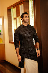 Jade Black Chikankari Kurta Set with Golden Sequence Detailing (Kurta + Kasavu Munde)