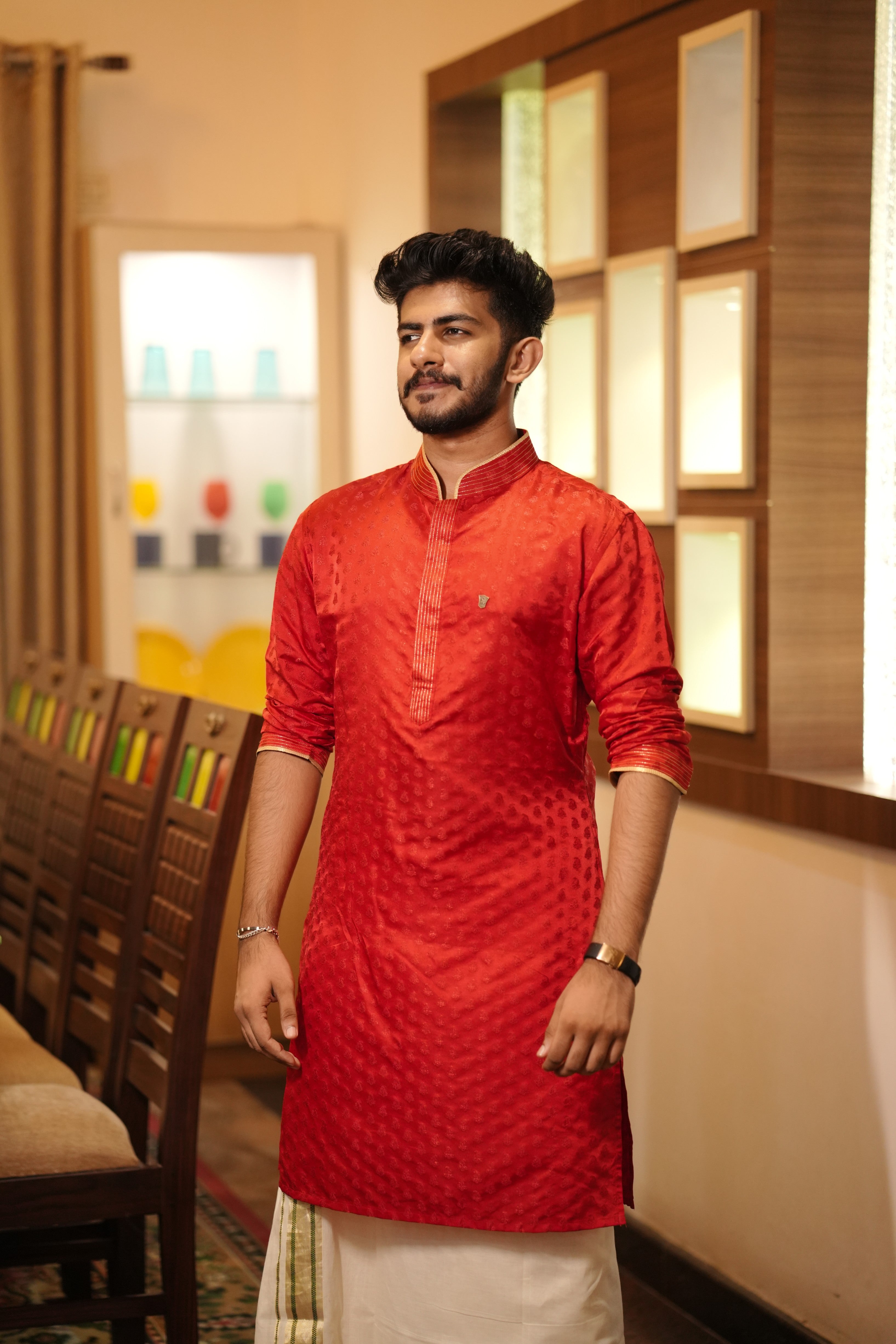 Apple Red Brocade  Kurta Set with Golden Zari Thread Detailing (Kurta + Kasavu Munde)