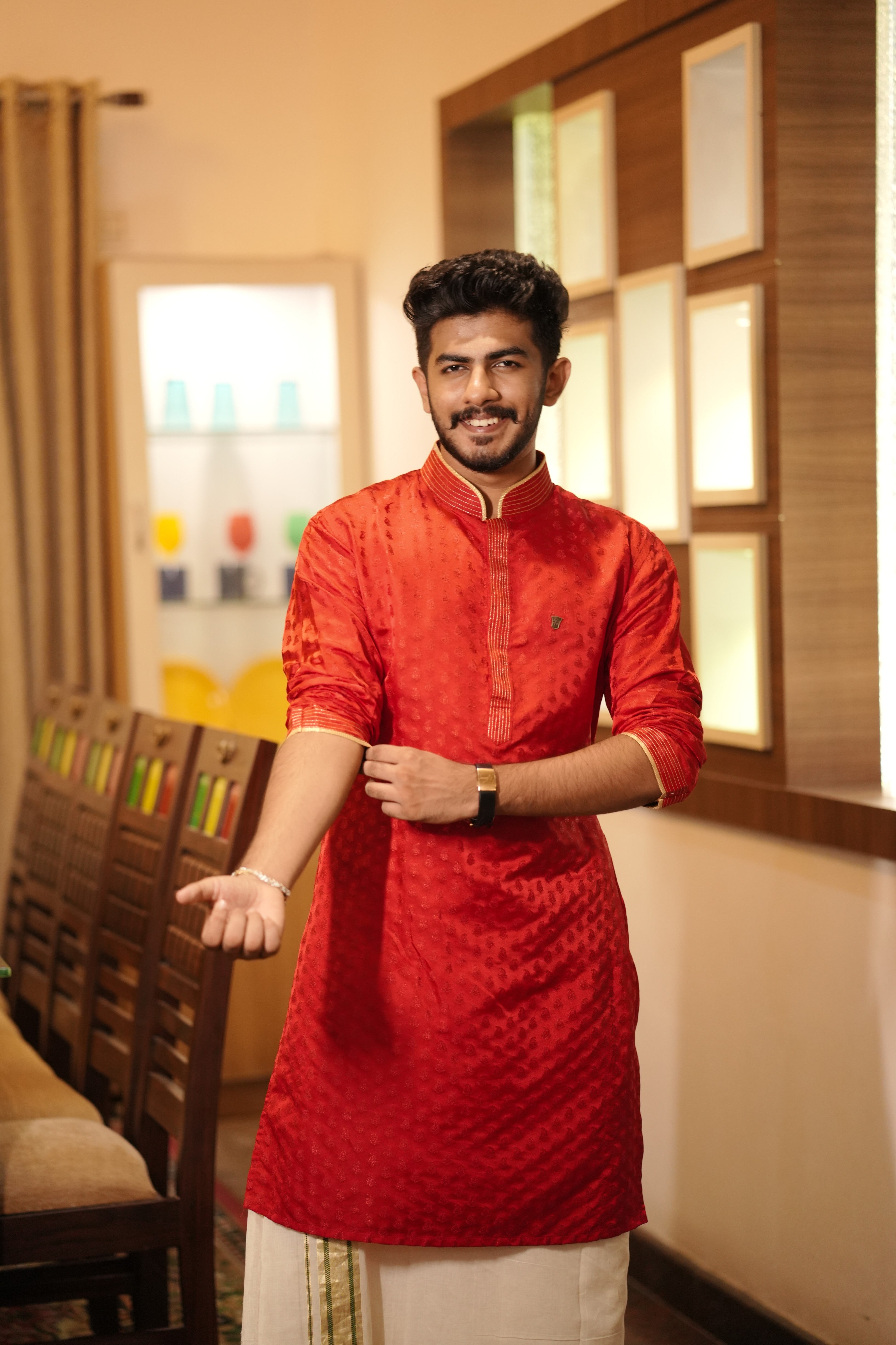 Apple Red Brocade  Kurta Set with Golden Zari Thread Detailing (Kurta + Kasavu Munde)