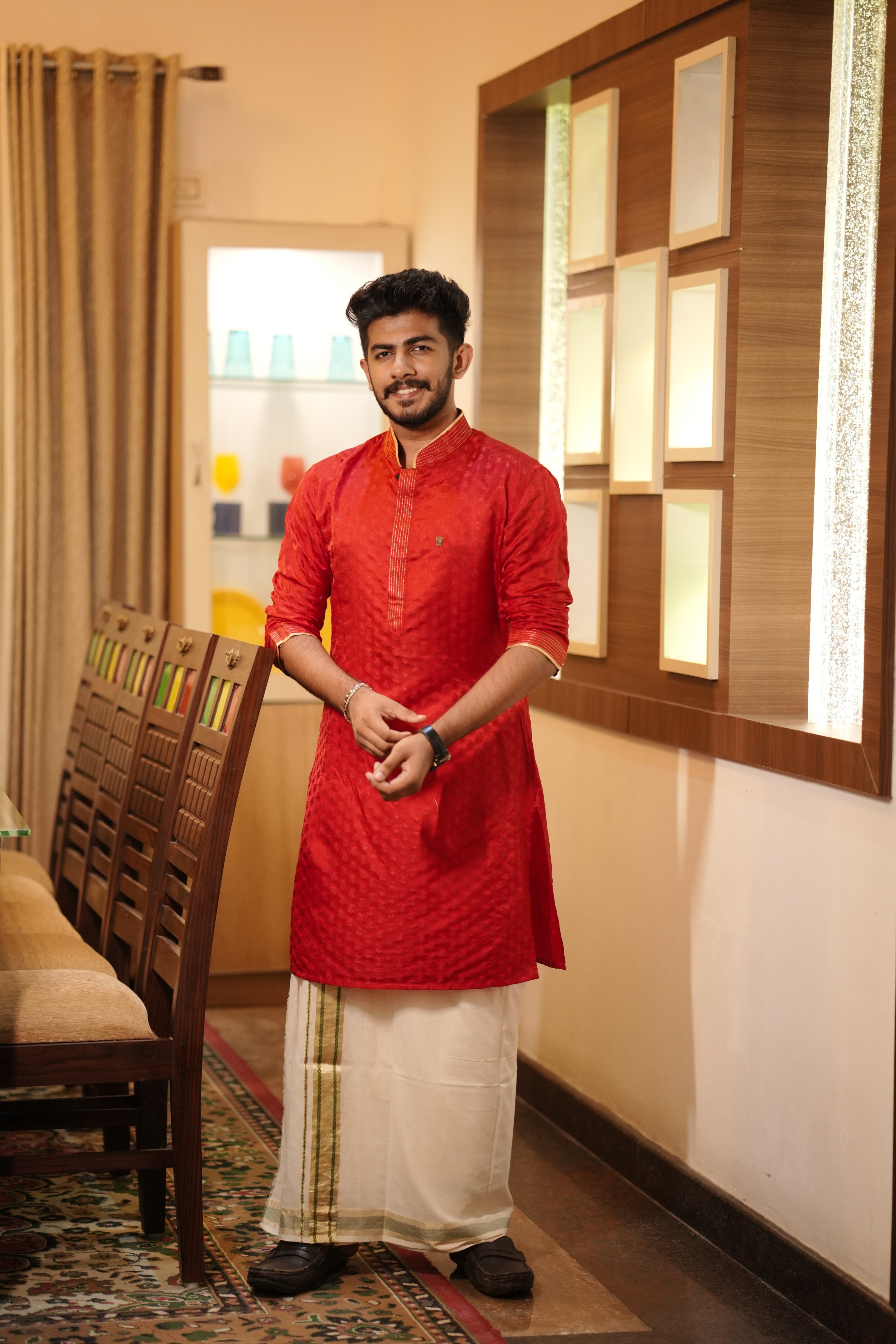 Apple Red Brocade  Kurta Set with Golden Zari Thread Detailing (Kurta + Kasavu Munde)
