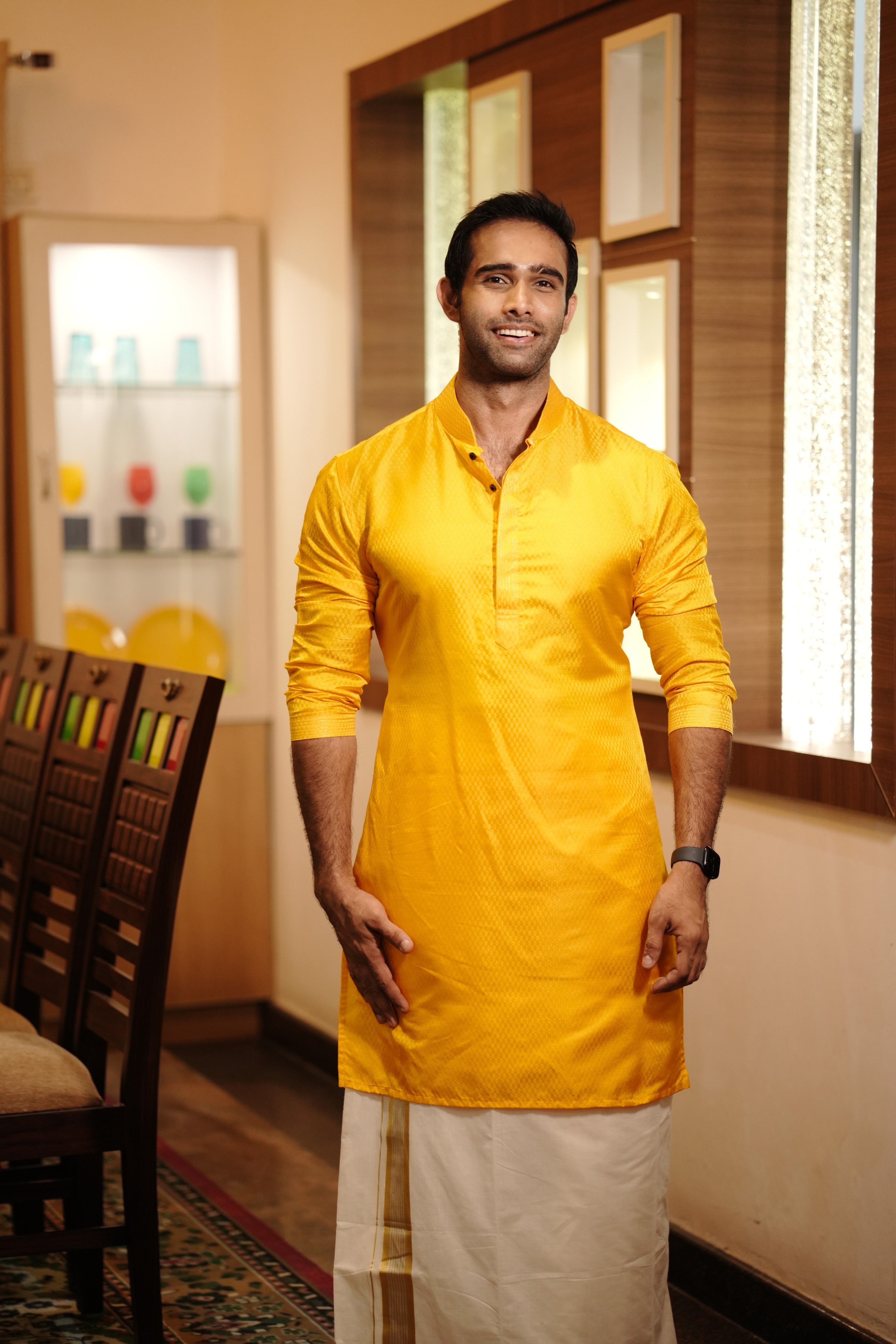 Marigold Yellow Silk Kurta Set With Golden Zari Stitch Detailing (Kurta + Kasavu Munde)