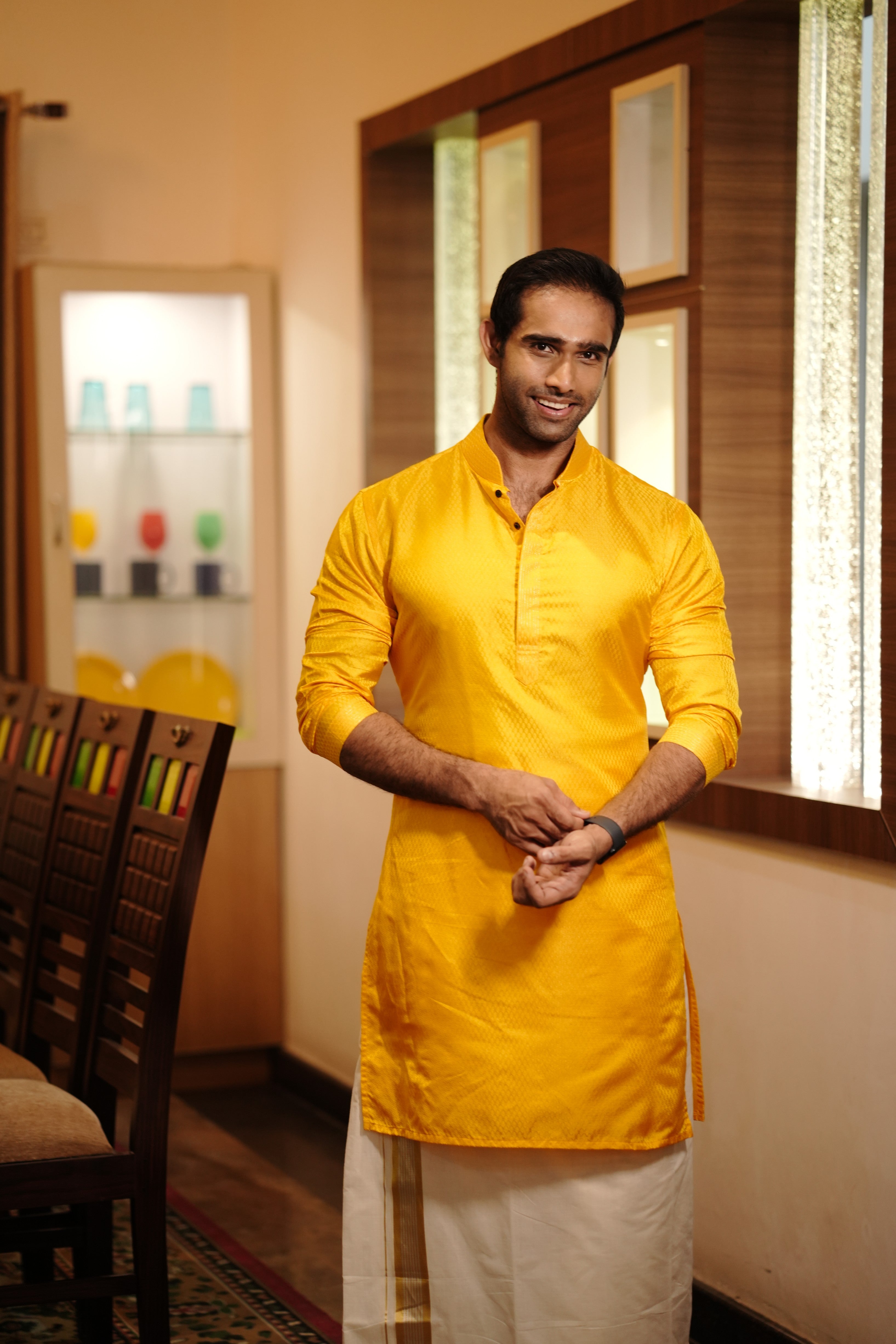 Marigold Yellow Silk Kurta Set With Golden Zari Stitch Detailing (Kurta + Kasavu Munde)