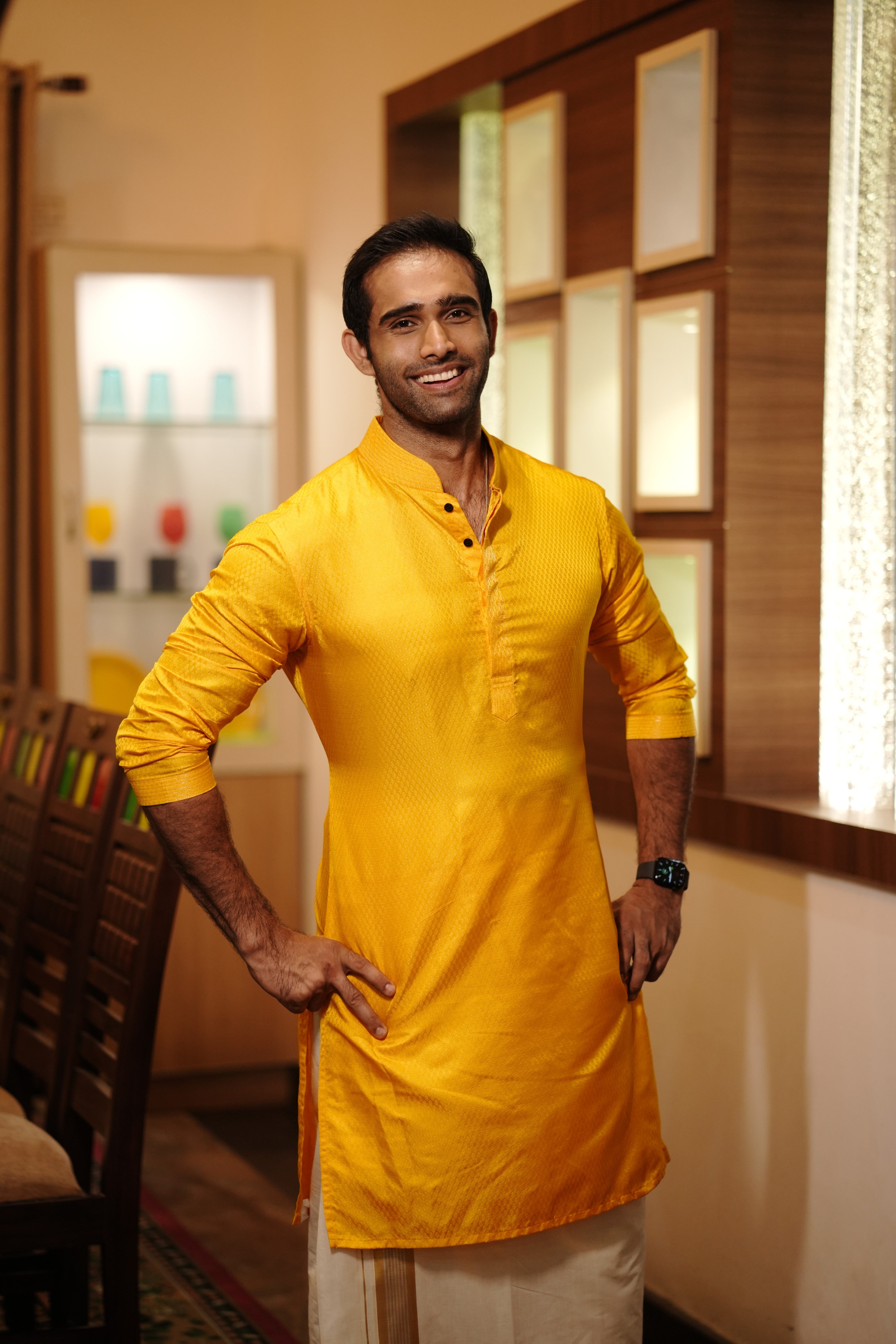 Marigold Yellow Silk Kurta Set With Golden Zari Stitch Detailing (Kurta + Kasavu Munde)