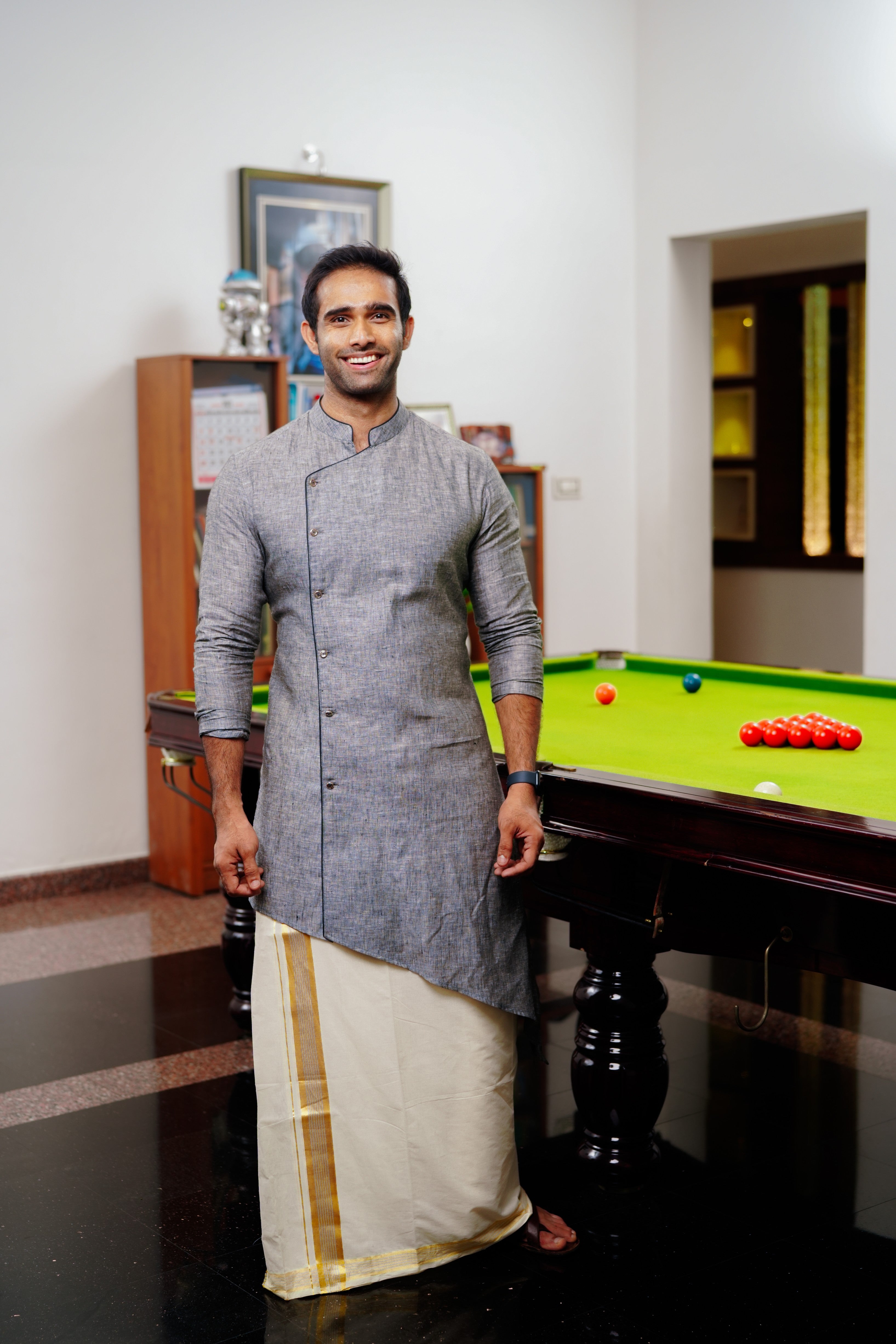Steel Grey Irish Linen  Asymmetrical Side Open Kurta Set   (Kurta + Kasavu Munde)