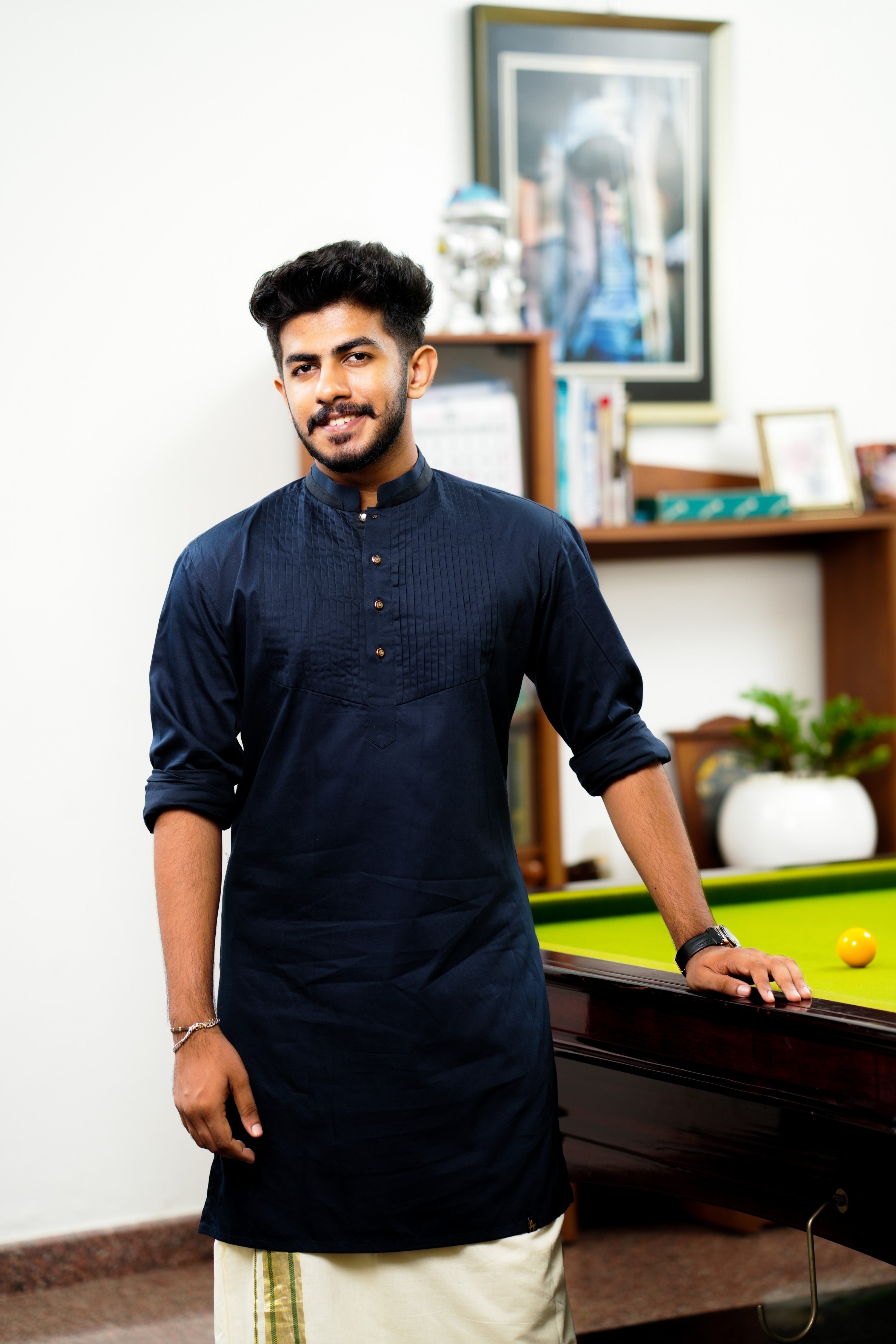Midnight Blue Vertical Pleated Kurta  (Only Kurta)