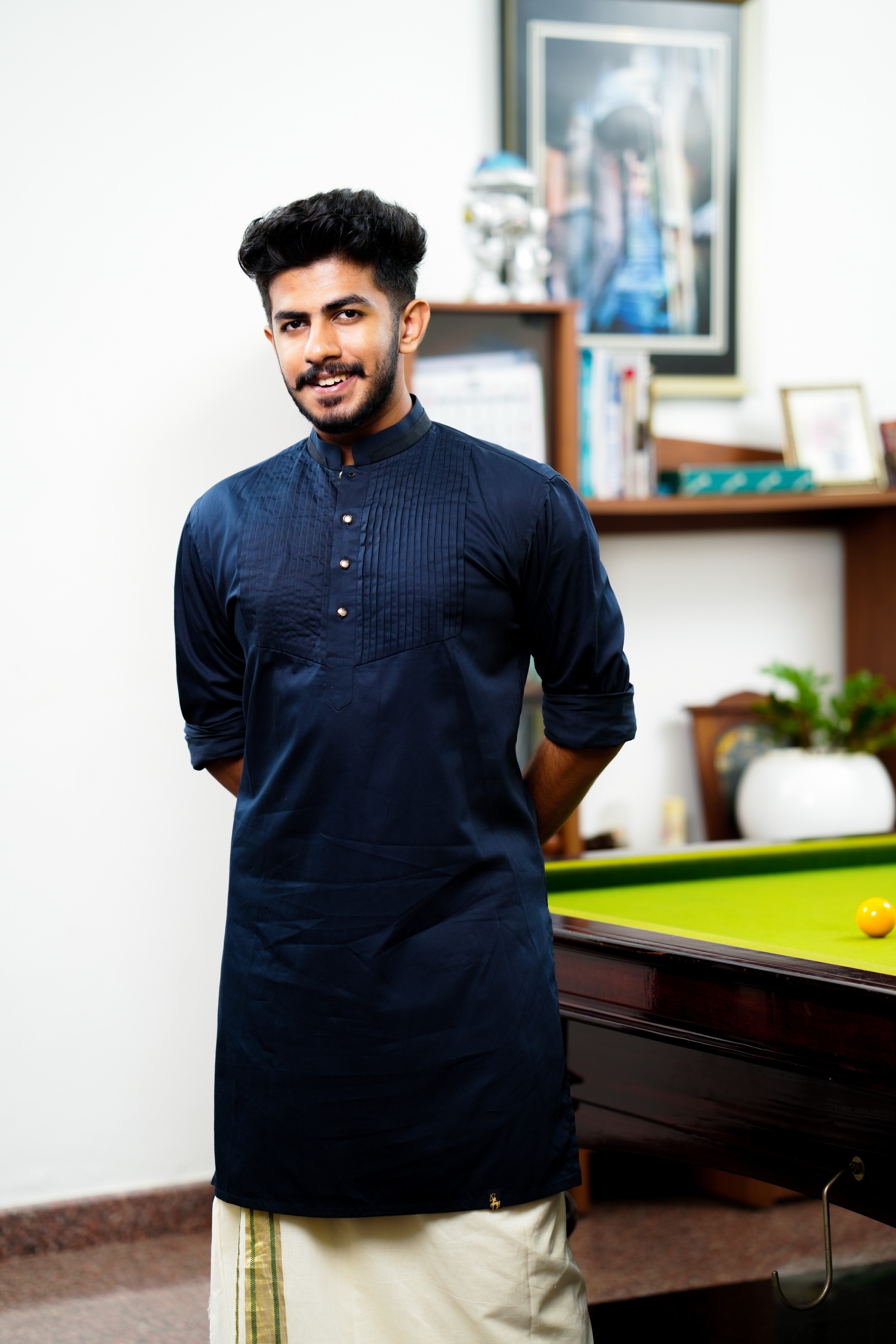 Midnight Blue Vertical Pleated Kurta  (Only Kurta)