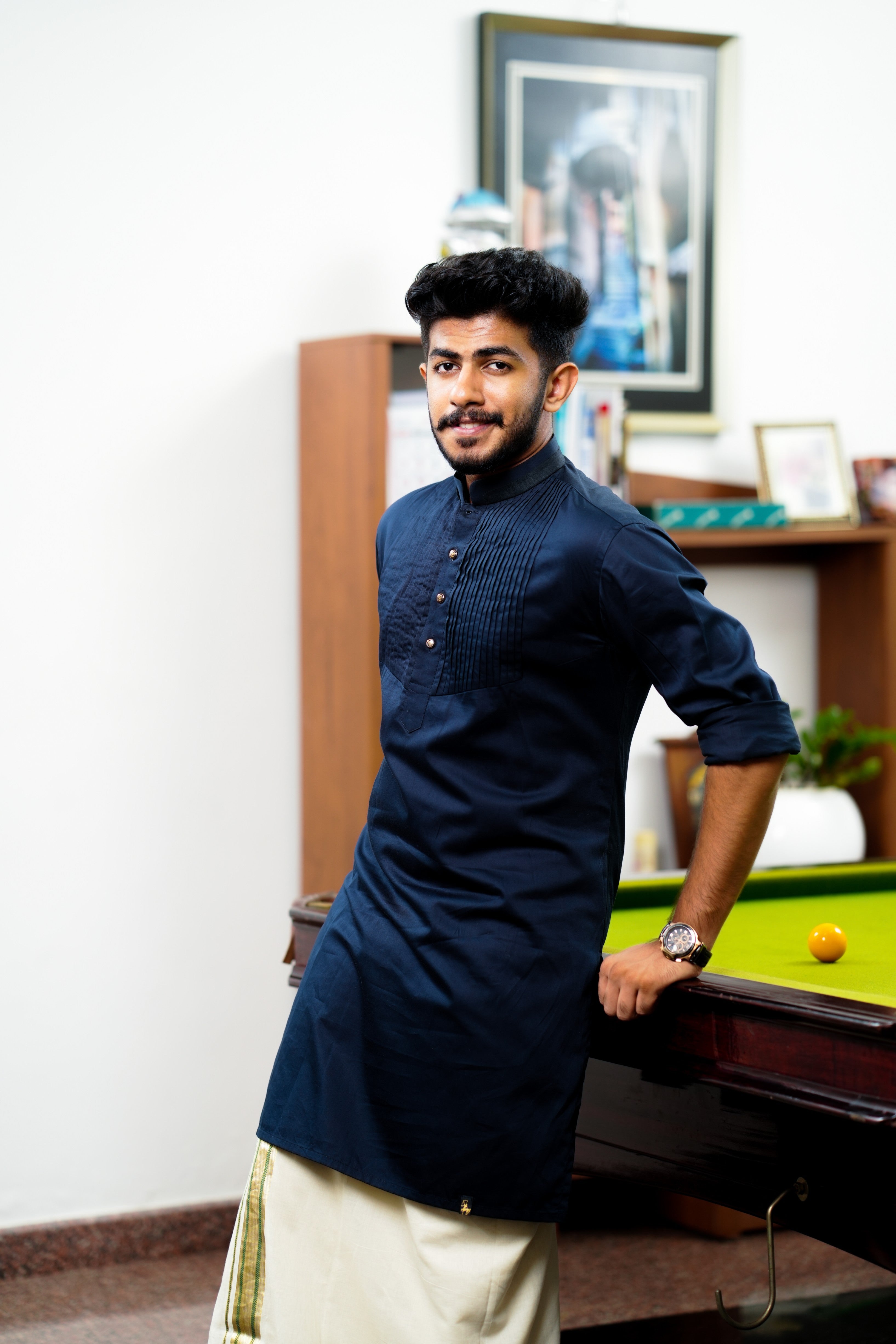 Midnight Blue Vertical Pleated Kurta  (Only Kurta)